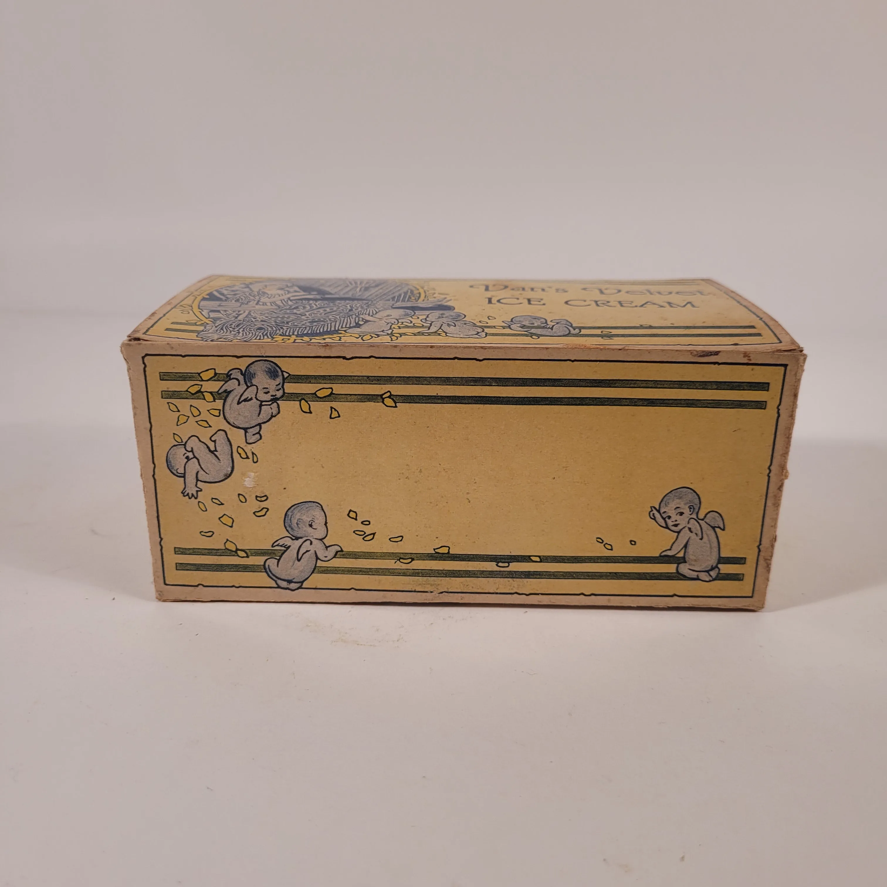 1921 Antique Van's Velvet Ice Cream Cardboard, Waxed Box, Cherubs