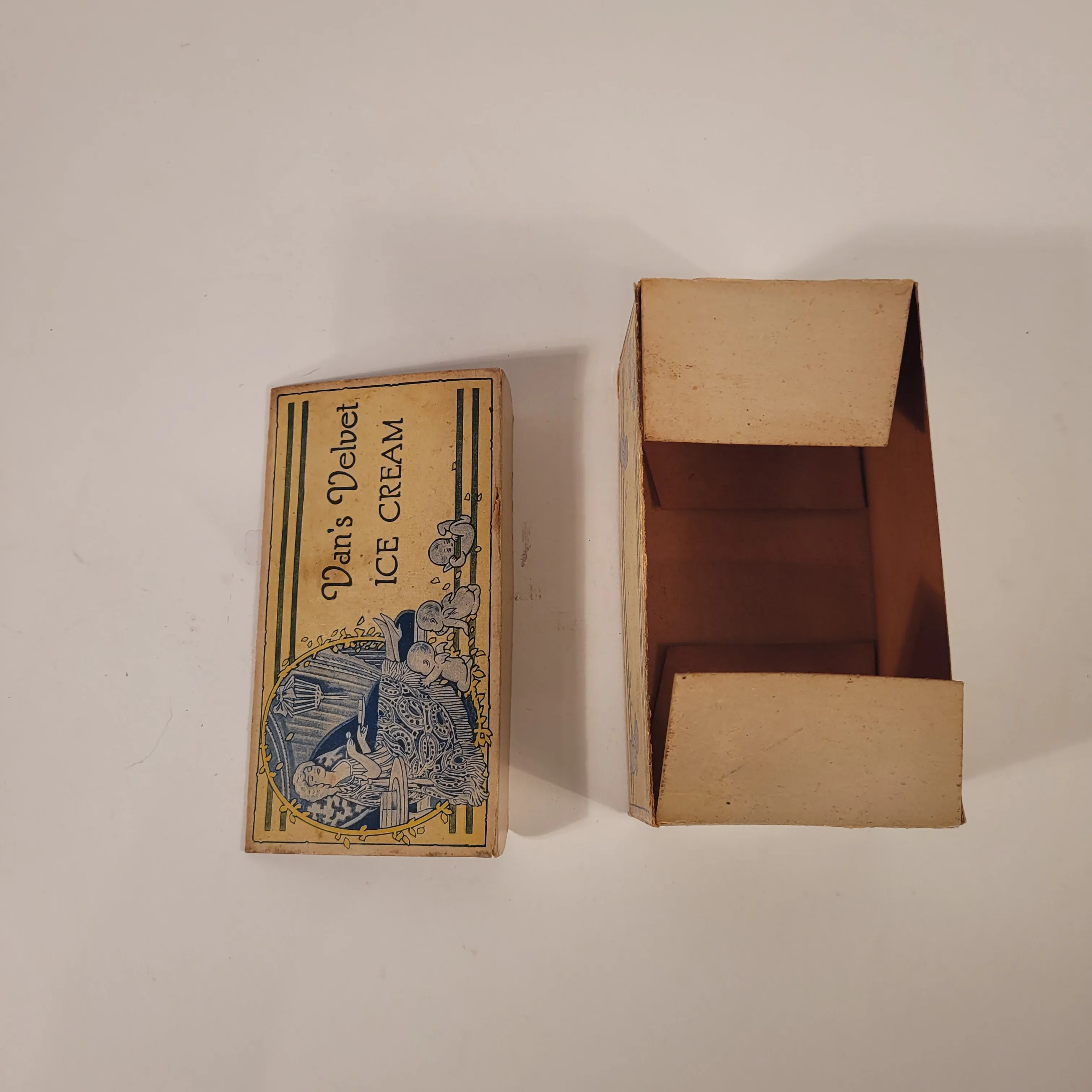 1921 Antique Van's Velvet Ice Cream Cardboard, Waxed Box, Cherubs