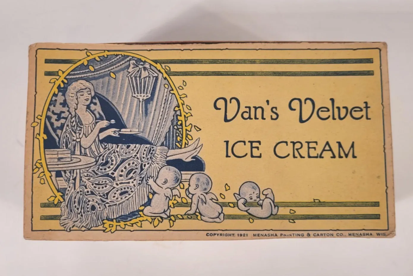 1921 Antique Van's Velvet Ice Cream Cardboard, Waxed Box, Cherubs