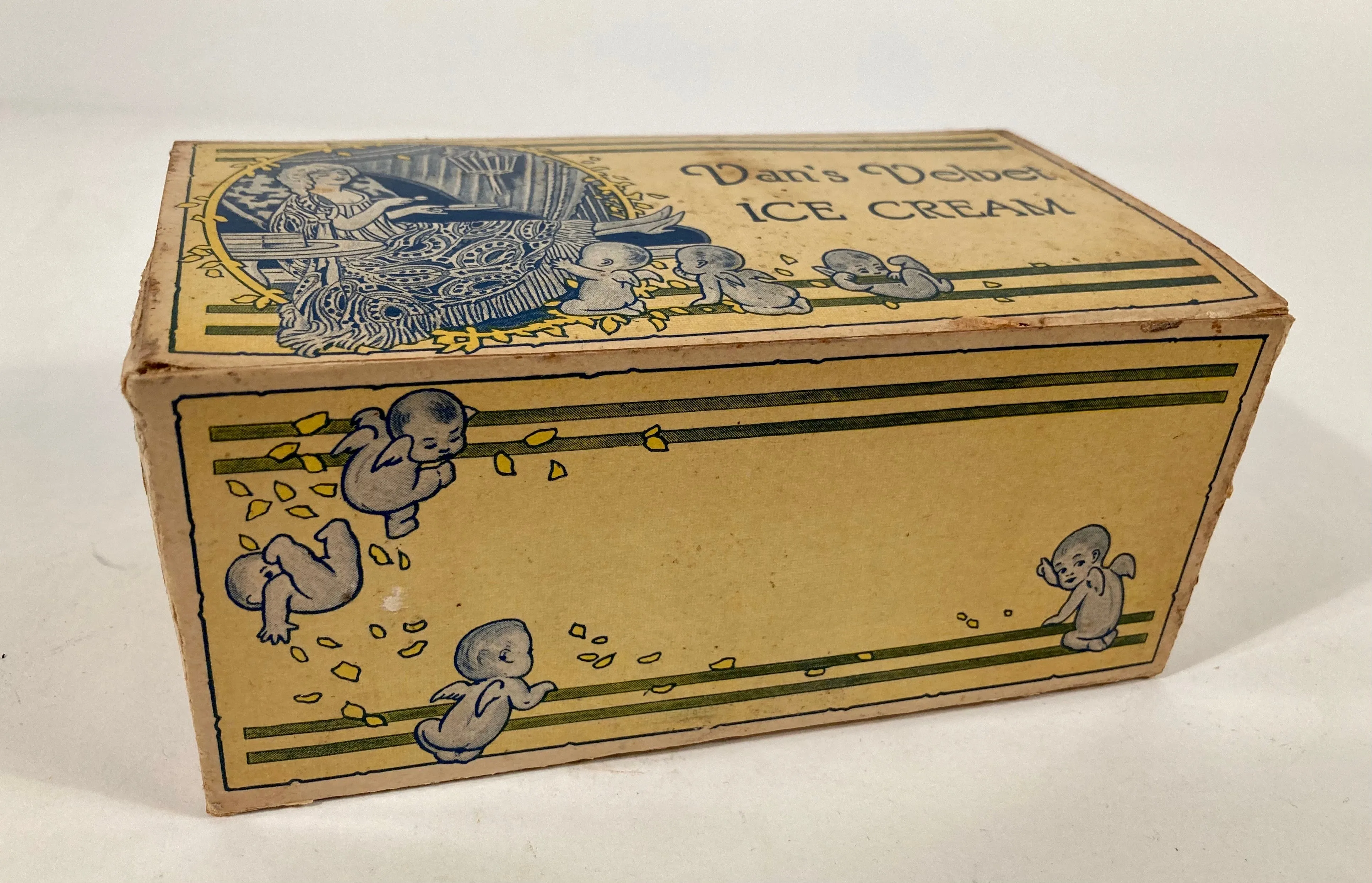 1921 Antique Van's Velvet Ice Cream Cardboard, Waxed Box, Cherubs