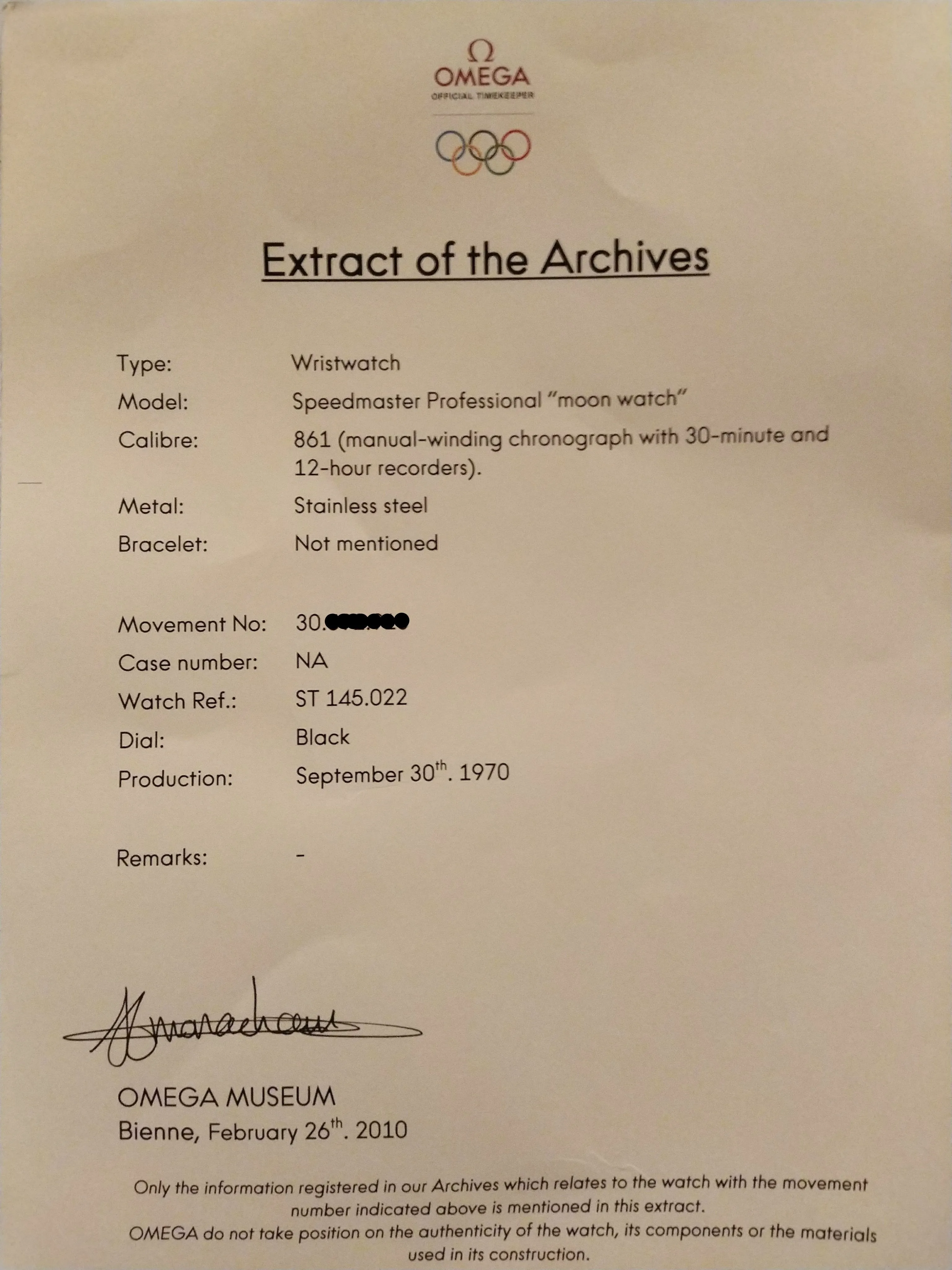1970 OMEGA Speedmaster 145.022 CALIBRE 861 Transitional "Pre-Moon" (Tropical) W/ Archive Papers