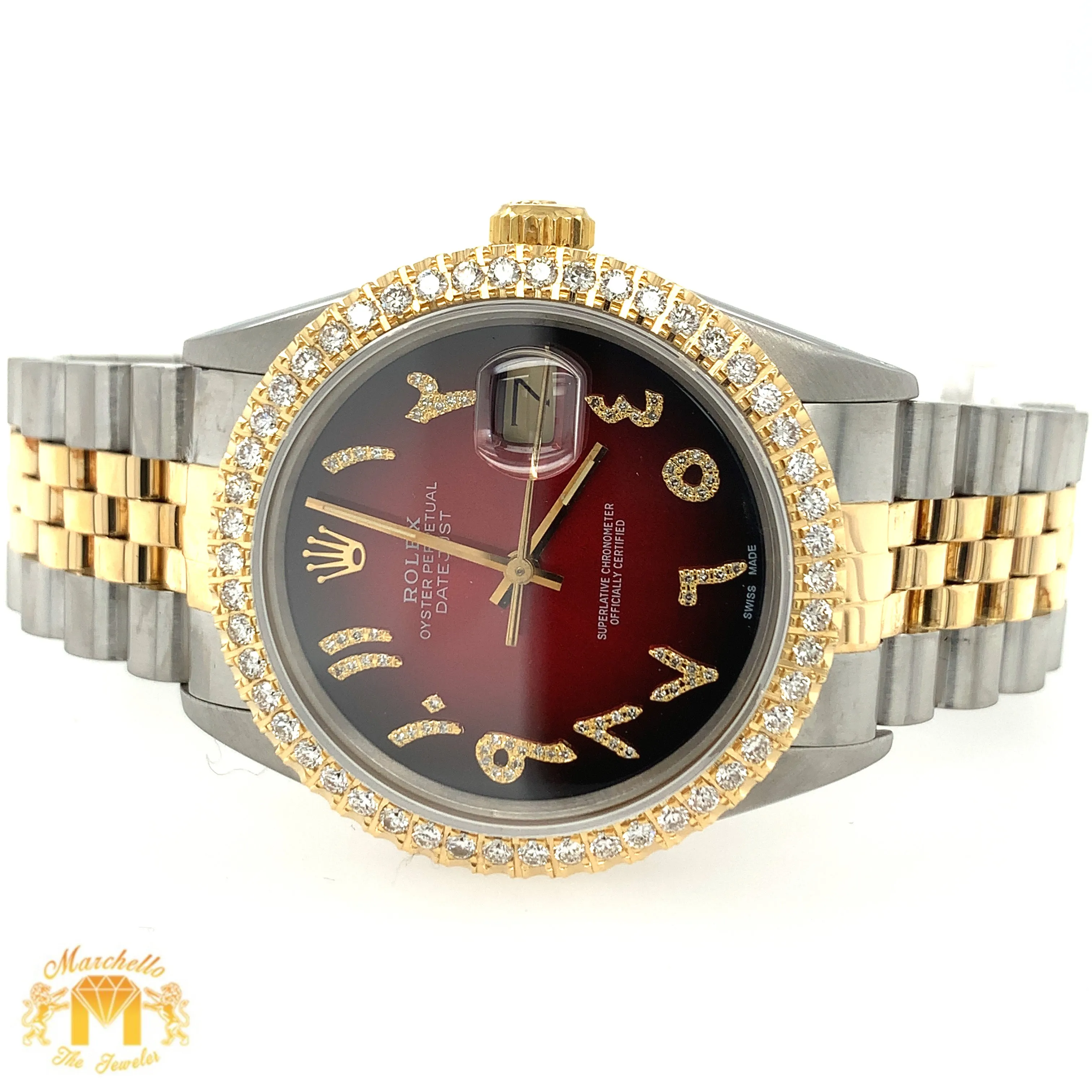 36mm Rolex Datejust Watch with Two-tone Jubilee Diamond Bracelet (quick-set, burgundy dial)
