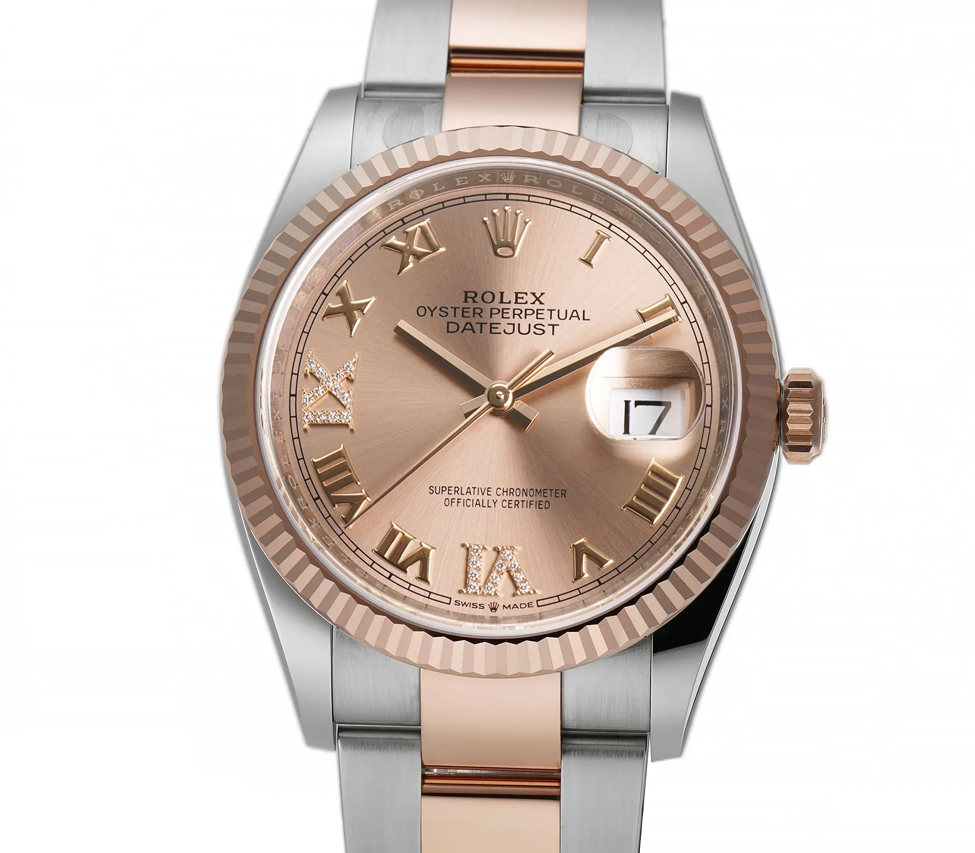 36mm Steel & Everose Gold Rose Roman Diamond VI & IX Dial Oyster Bracelet