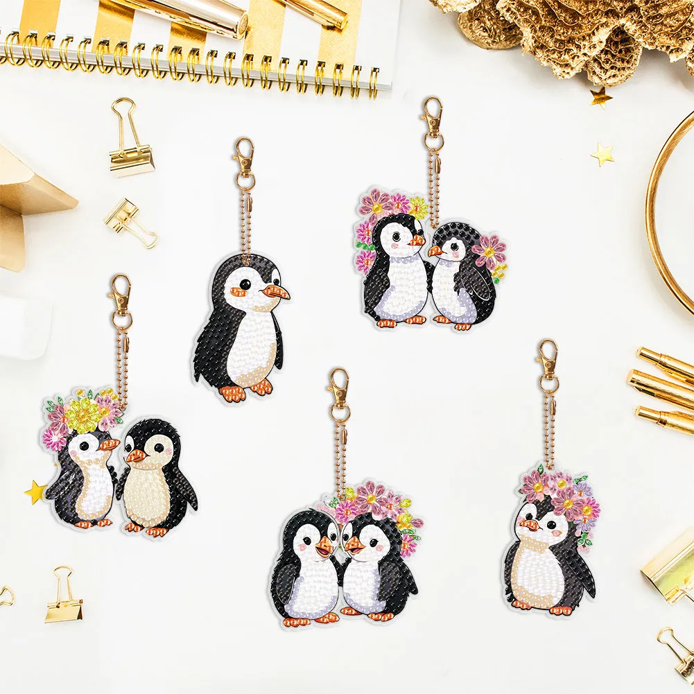5PCS Double Sided Round Diamond Painting Art Keychain Pendant (Penguin #4)