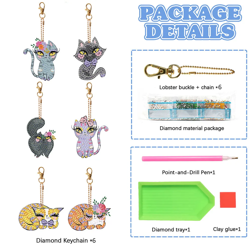 6 PCS Double Sided Special Shape Diamond Painting Art Keychain Pendant (Cat)