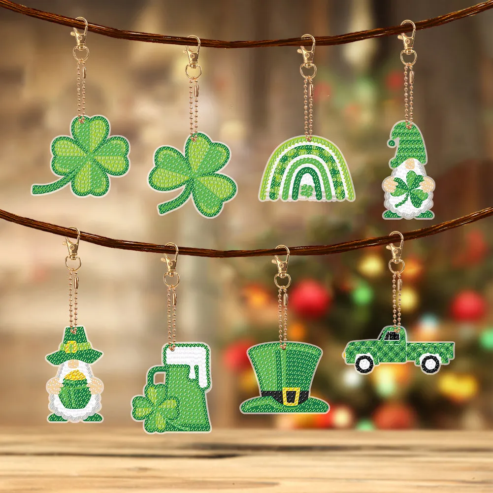 8 Pcs St. Patricks Day Shamrock Double Sided Diamond Painting Keychain Pendant