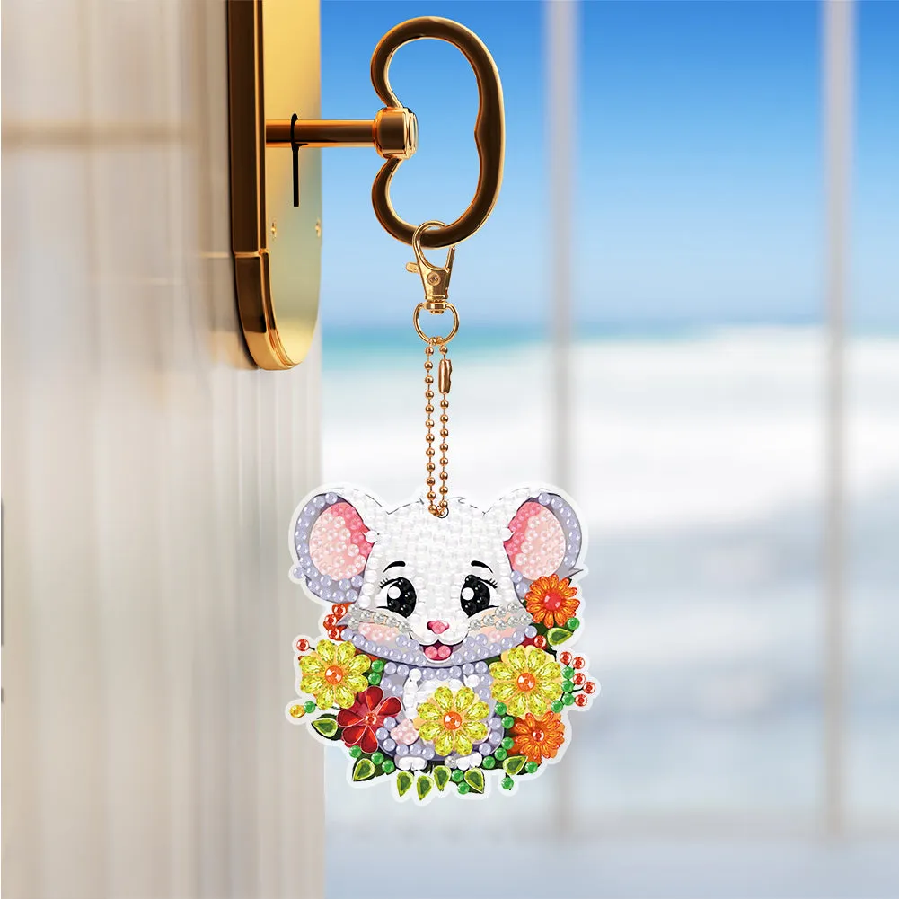 8PCS Double Sided Round Diamond Painting Art Keychain Pendant (White Mouse)