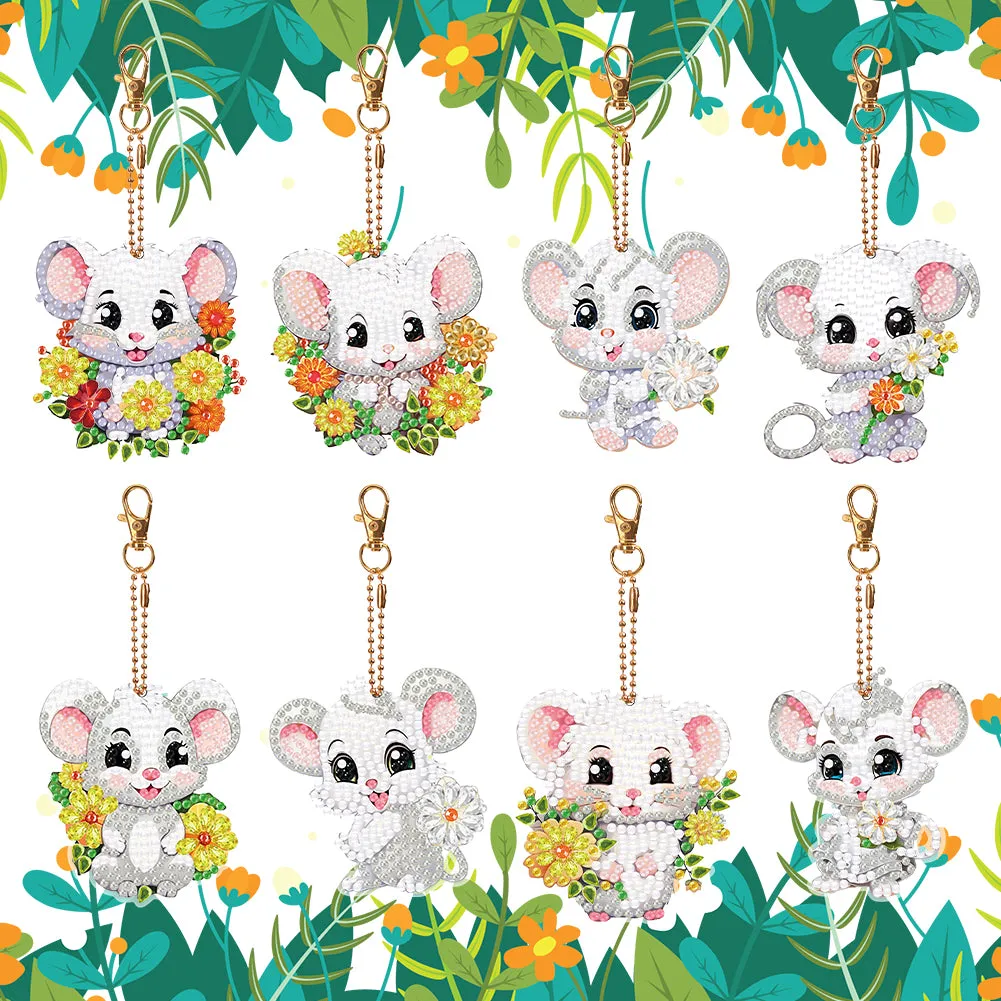 8PCS Double Sided Round Diamond Painting Art Keychain Pendant (White Mouse)