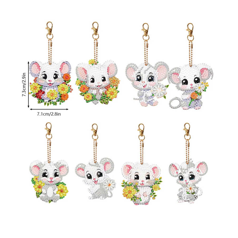 8PCS Double Sided Round Diamond Painting Art Keychain Pendant (White Mouse)