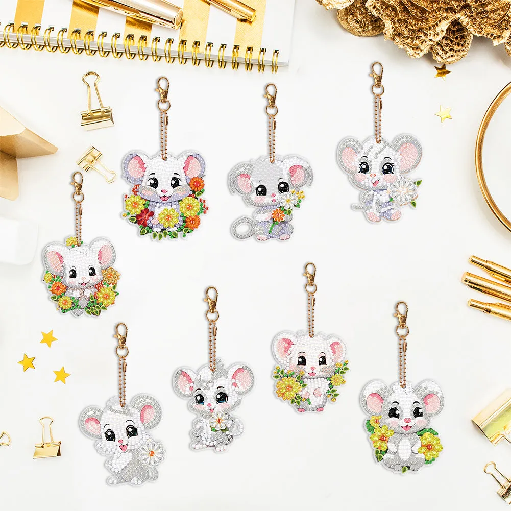 8PCS Double Sided Round Diamond Painting Art Keychain Pendant (White Mouse)