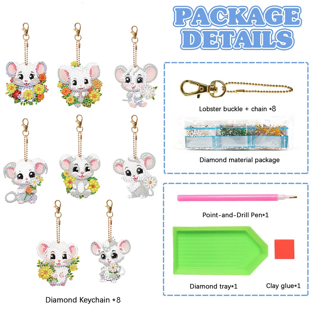 8PCS Double Sided Round Diamond Painting Art Keychain Pendant (White Mouse)