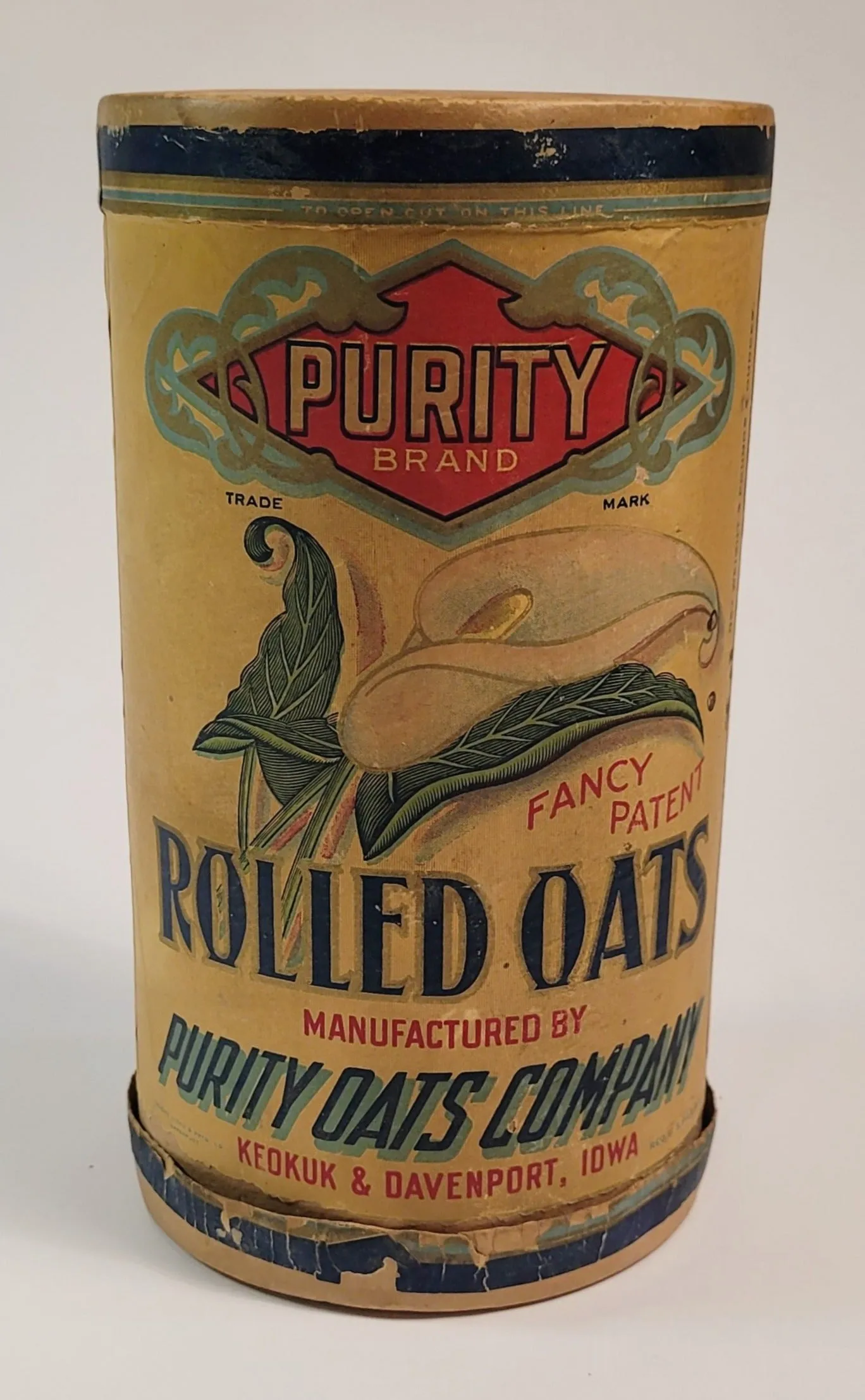 Antique 1910's-1920's ROLLED OATS CANISTER, Purity Brand, Calla Lily