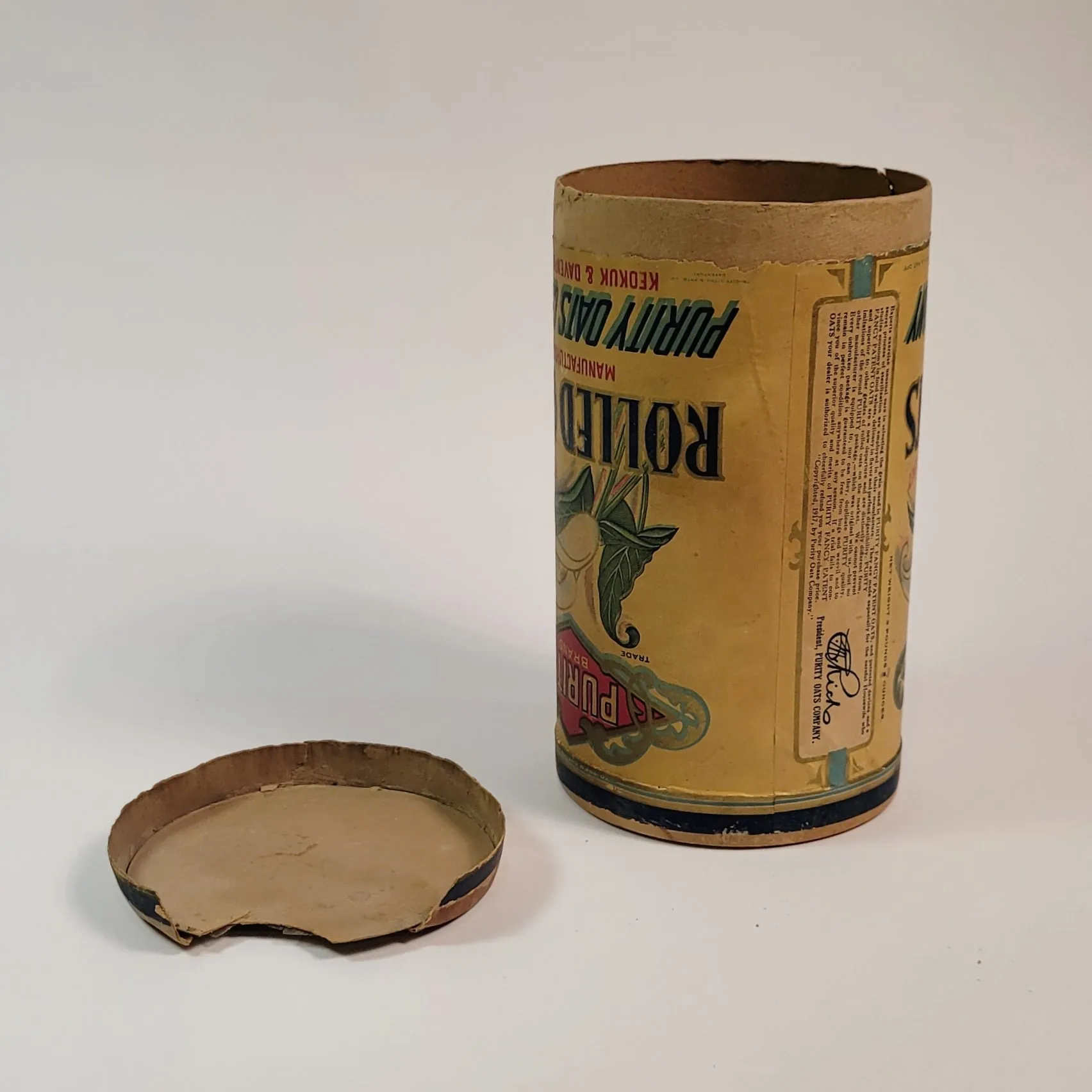 Antique 1910's-1920's ROLLED OATS CANISTER, Purity Brand, Calla Lily