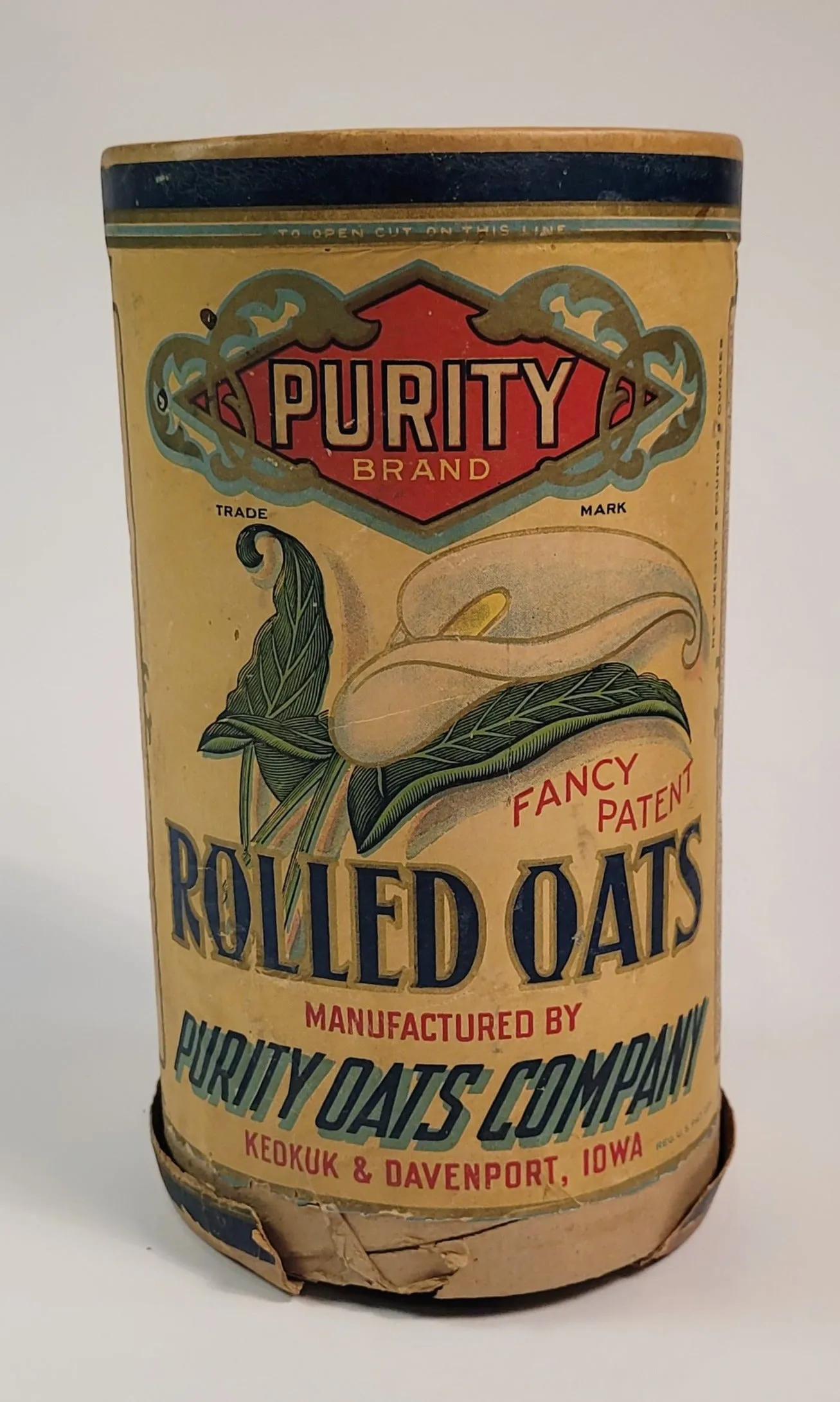 Antique 1910's-1920's ROLLED OATS CANISTER, Purity Brand, Calla Lily