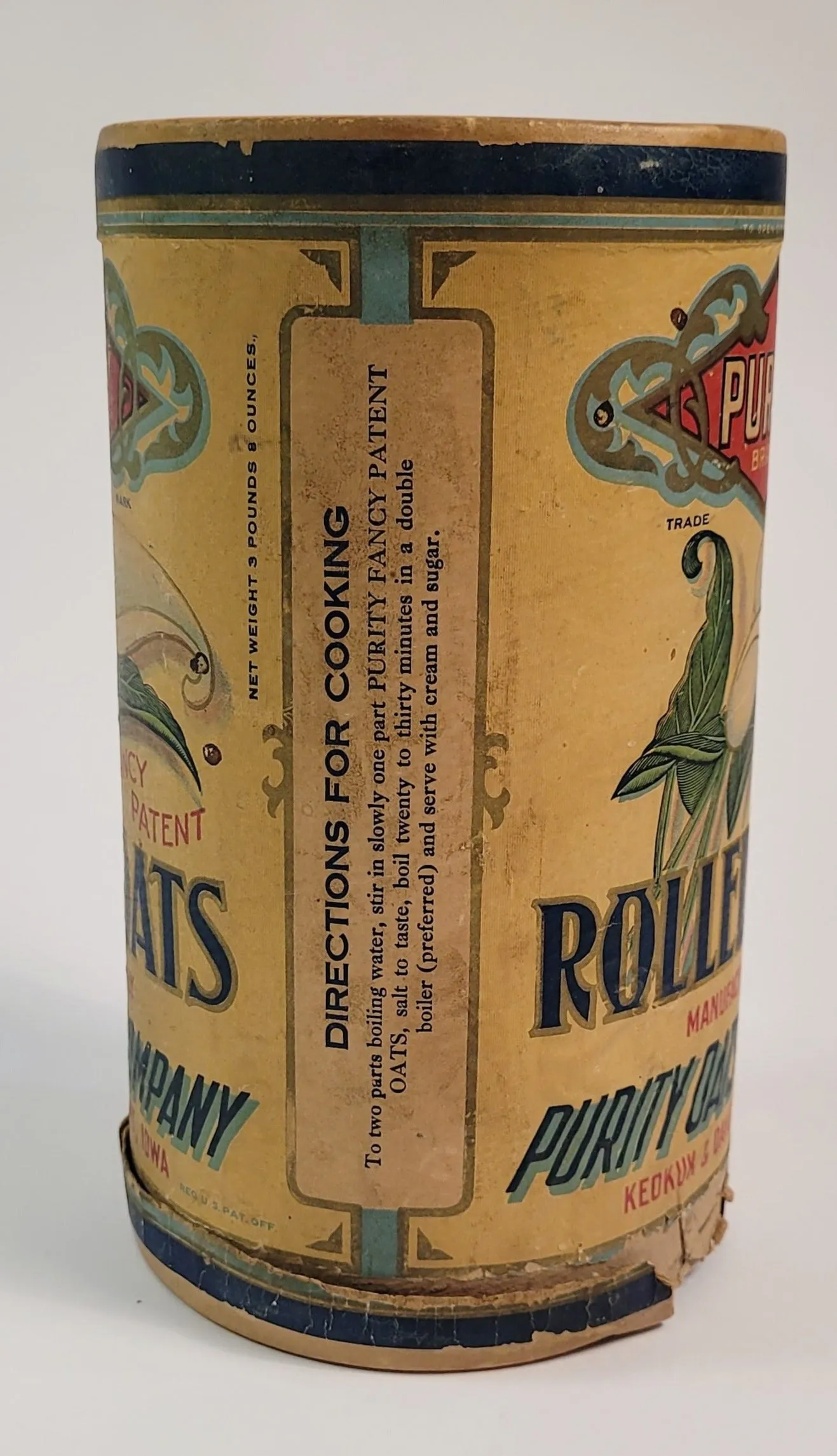 Antique 1910's-1920's ROLLED OATS CANISTER, Purity Brand, Calla Lily