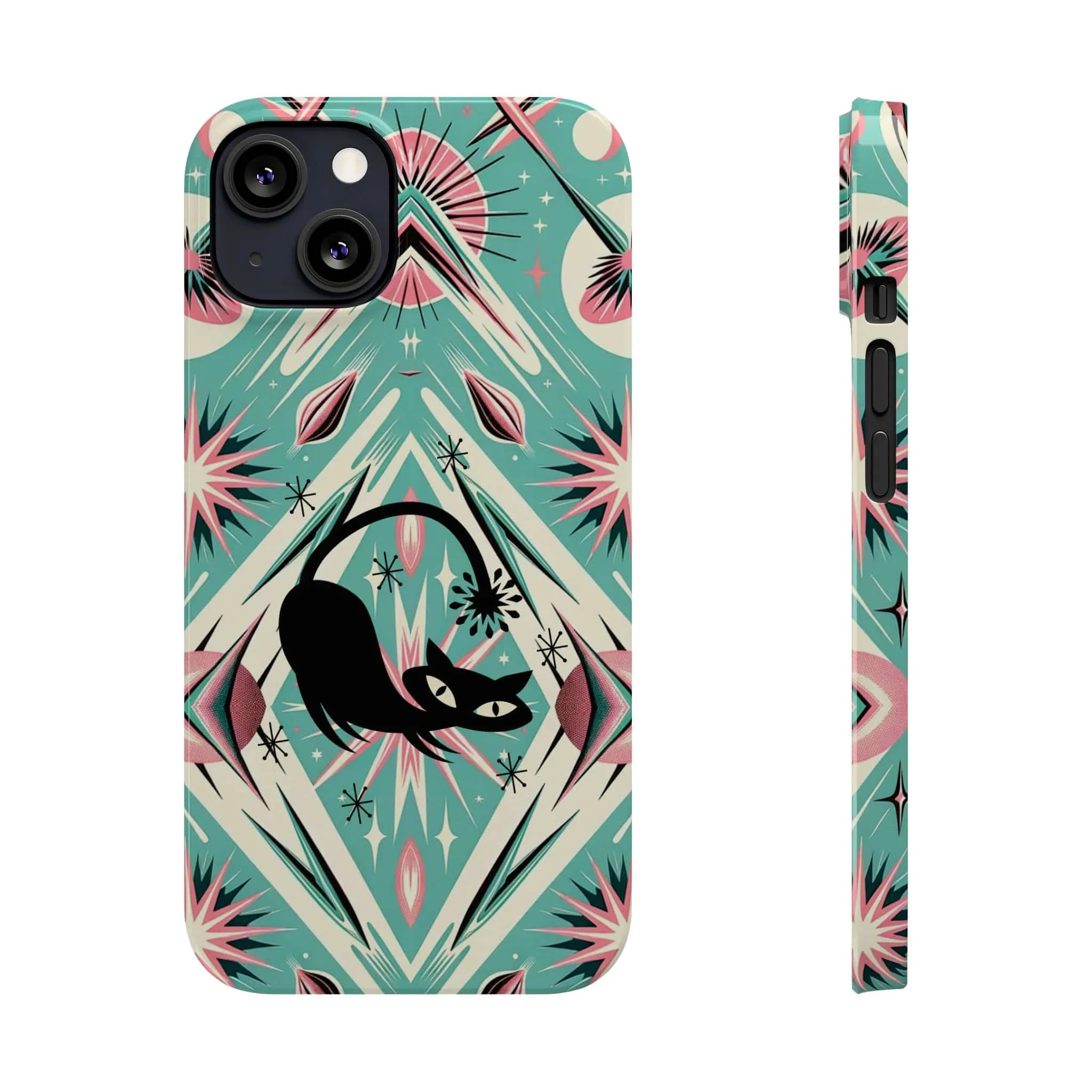 Atomic Cat, Mid Century Modern Aqua Blue, Pink, Starbursts iPhone 15 Models And More Slim Phone Cases