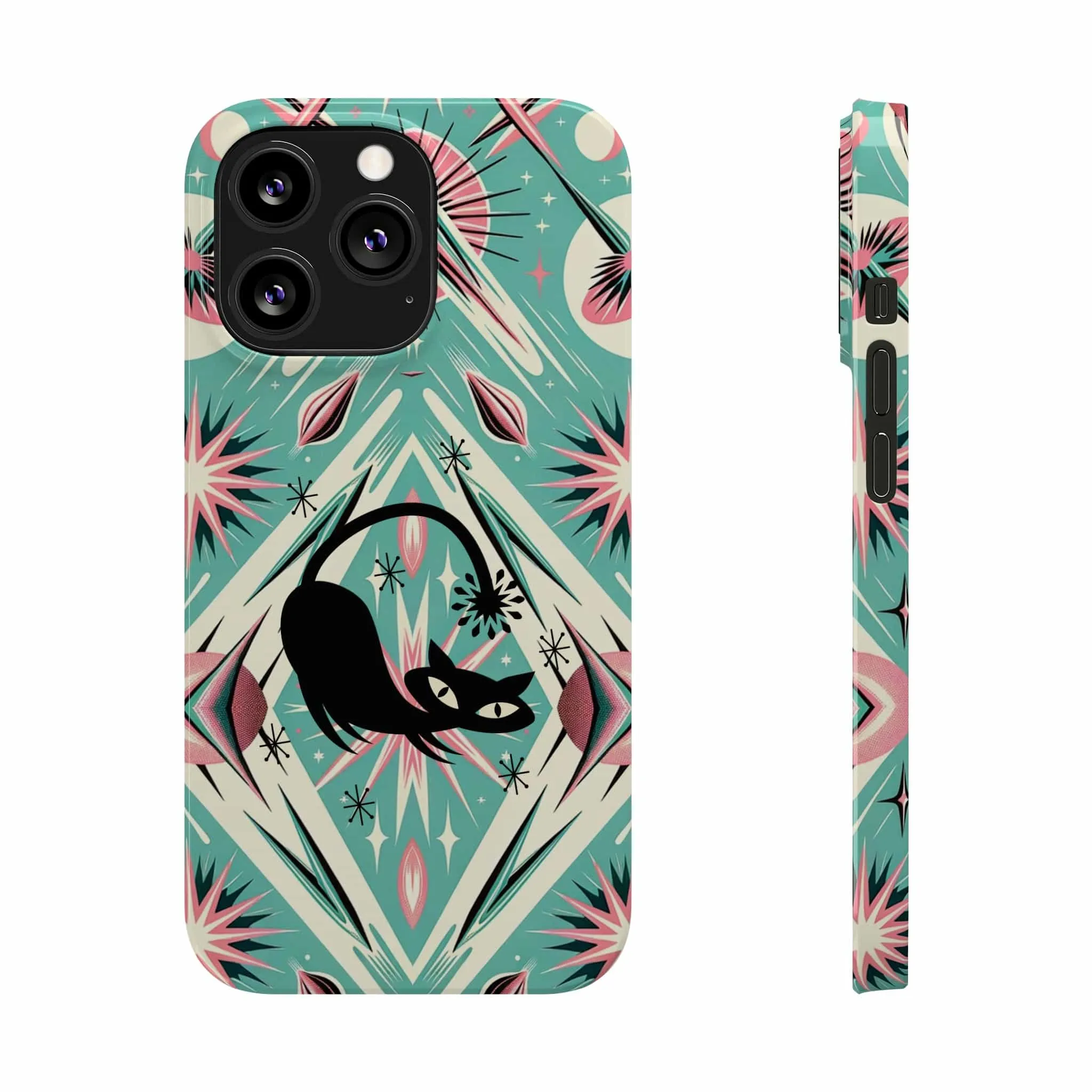 Atomic Cat, Mid Century Modern Aqua Blue, Pink, Starbursts iPhone 15 Models And More Slim Phone Cases