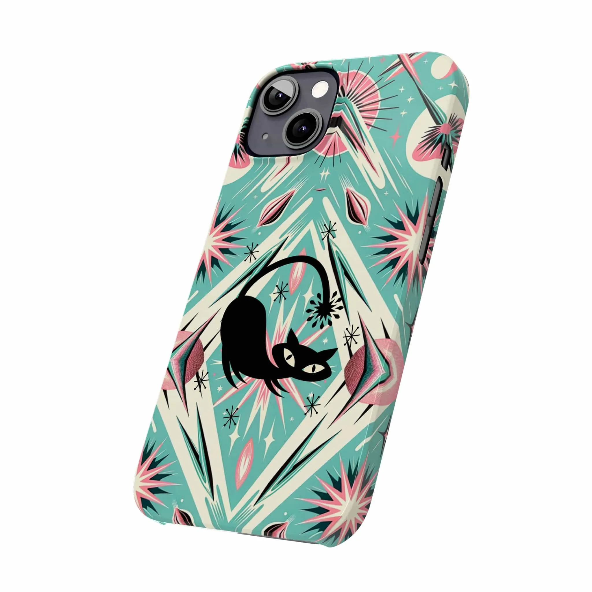 Atomic Cat, Mid Century Modern Aqua Blue, Pink, Starbursts iPhone 15 Models And More Slim Phone Cases