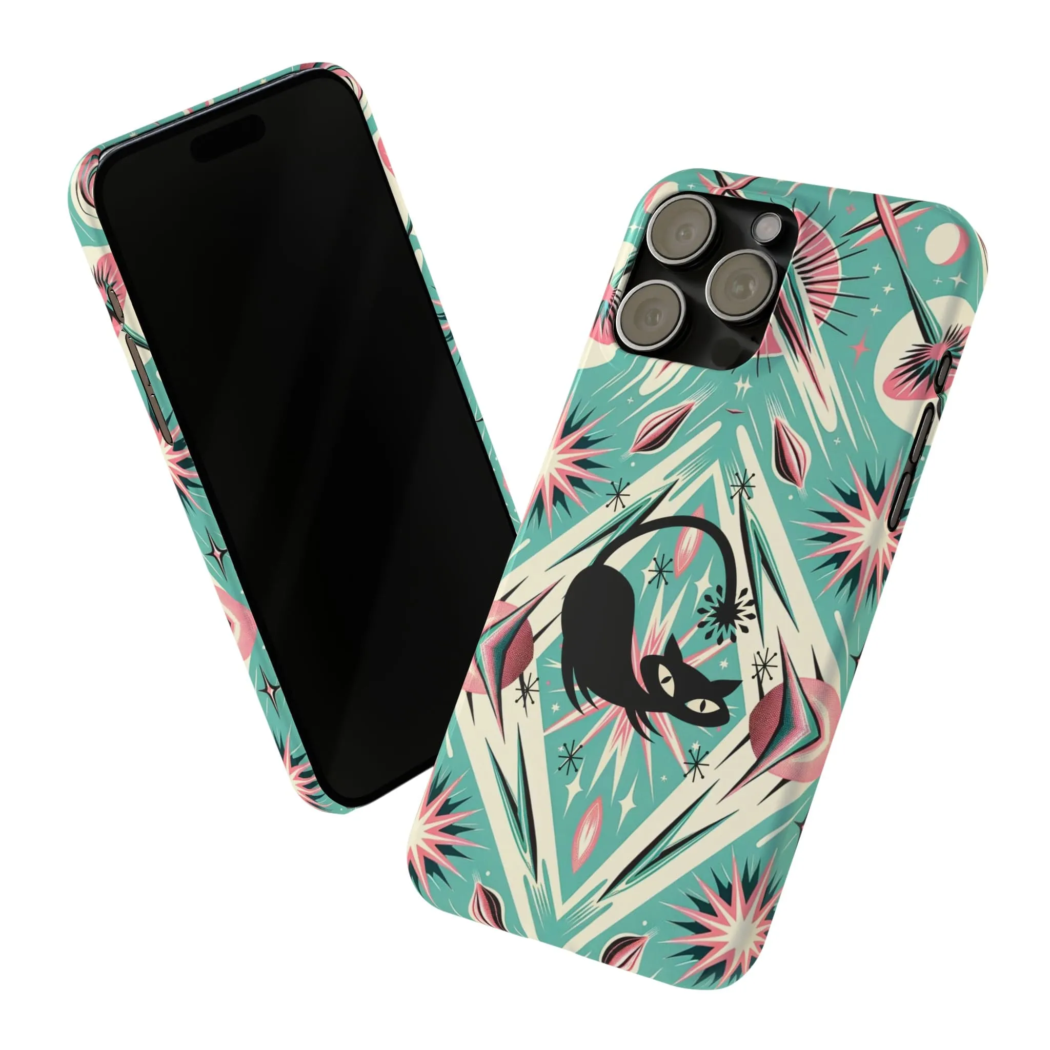 Atomic Cat, Mid Century Modern Aqua Blue, Pink, Starbursts iPhone 15 Models And More Slim Phone Cases