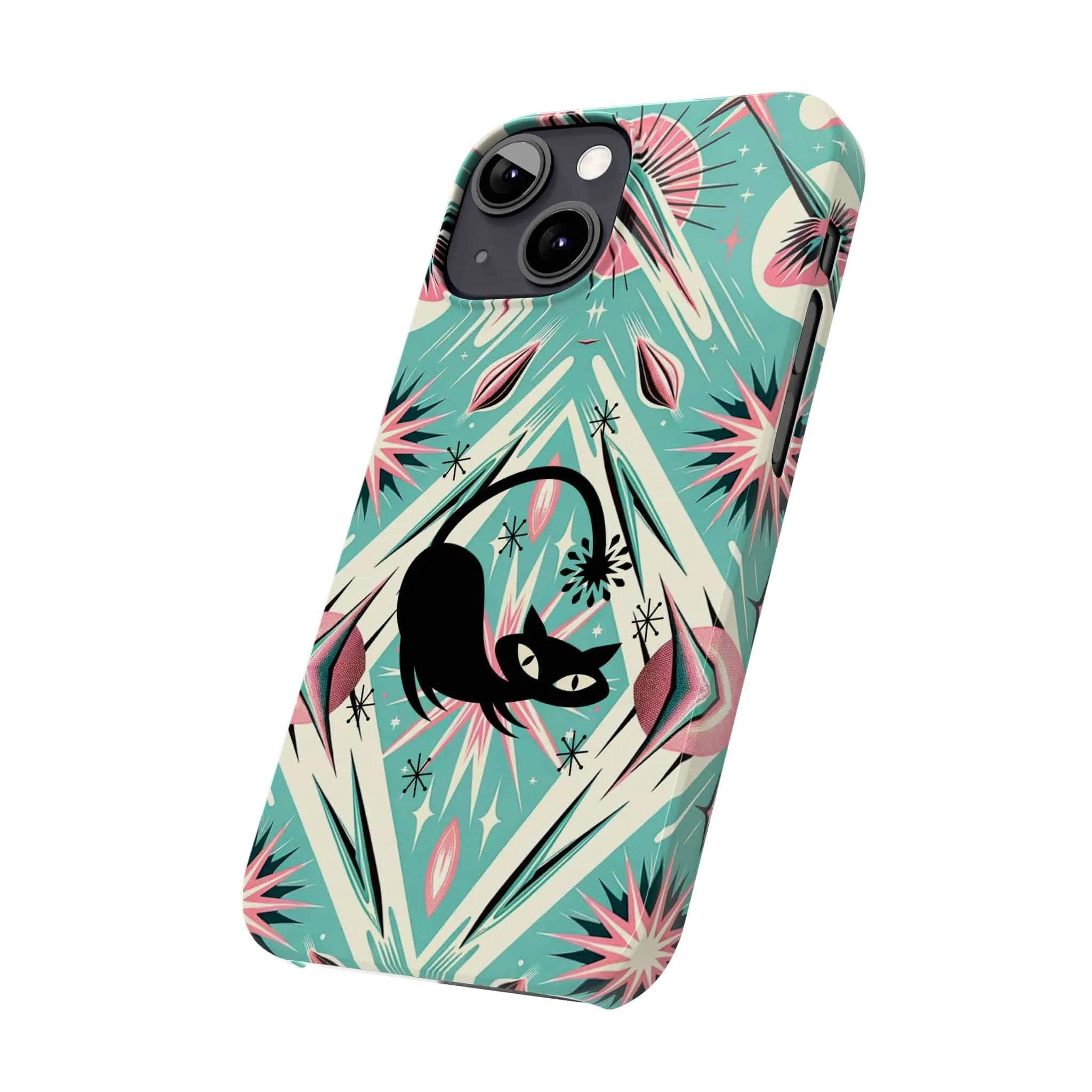 Atomic Cat, Mid Century Modern Aqua Blue, Pink, Starbursts iPhone 15 Models And More Slim Phone Cases