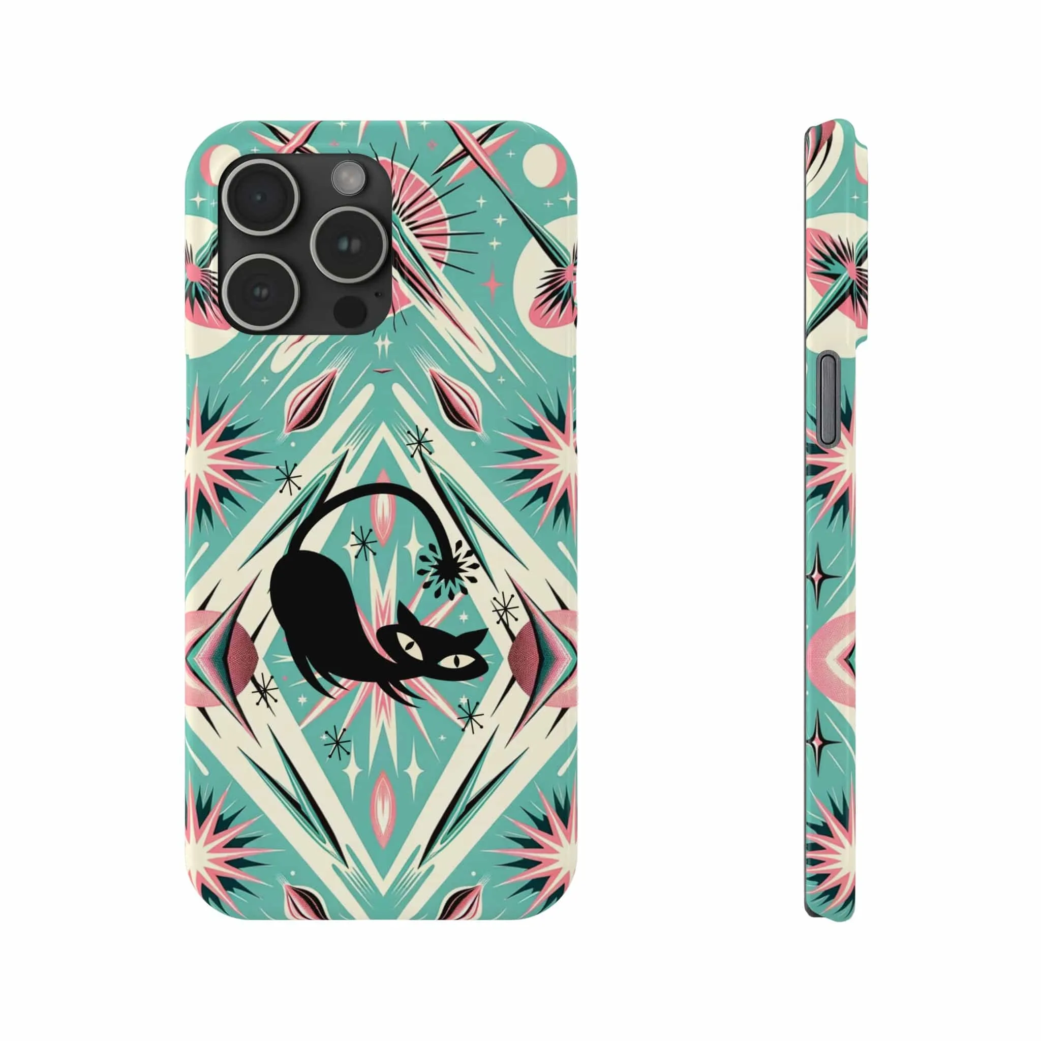 Atomic Cat, Mid Century Modern Aqua Blue, Pink, Starbursts iPhone 15 Models And More Slim Phone Cases