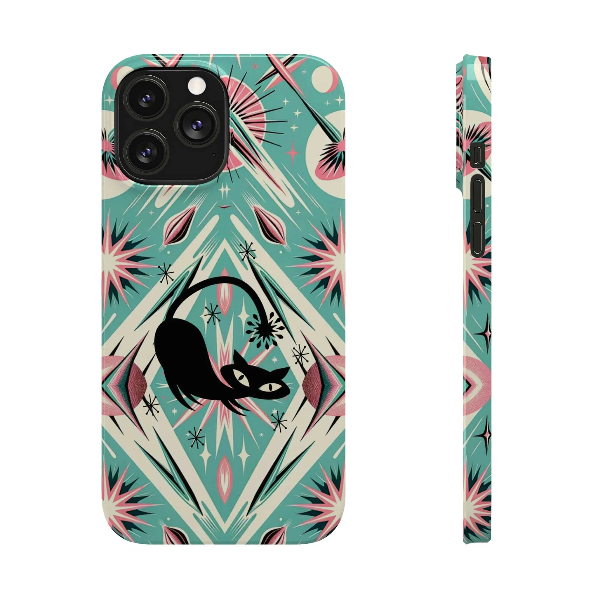 Atomic Cat, Mid Century Modern Aqua Blue, Pink, Starbursts iPhone 15 Models And More Slim Phone Cases