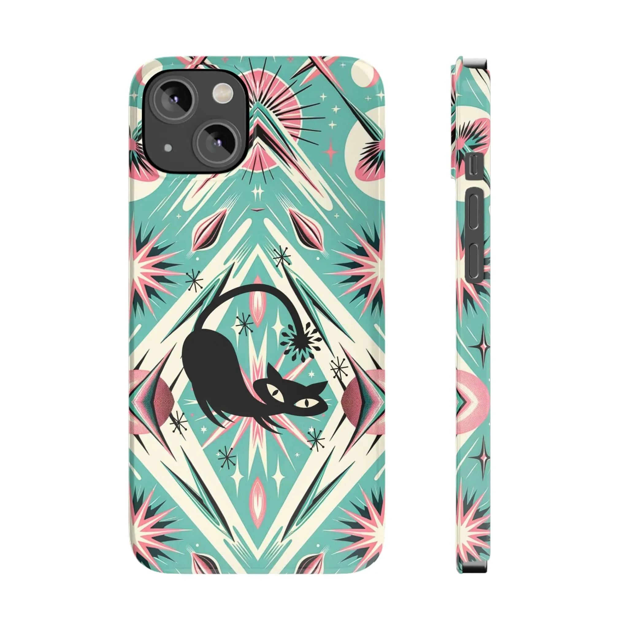 Atomic Cat, Mid Century Modern Aqua Blue, Pink, Starbursts iPhone 15 Models And More Slim Phone Cases
