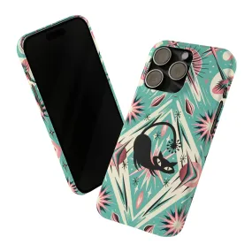 Atomic Cat, Mid Century Modern Aqua Blue, Pink, Starbursts iPhone 15 Models And More Slim Phone Cases