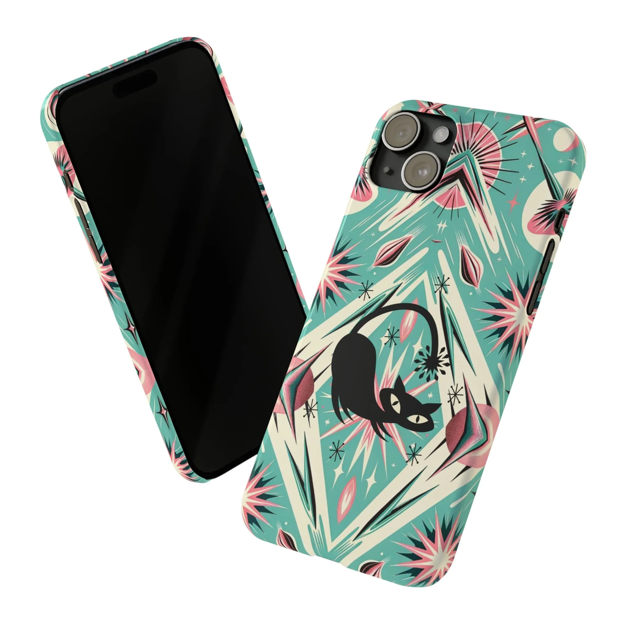 Atomic Cat, Mid Century Modern Aqua Blue, Pink, Starbursts iPhone 15 Models And More Slim Phone Cases