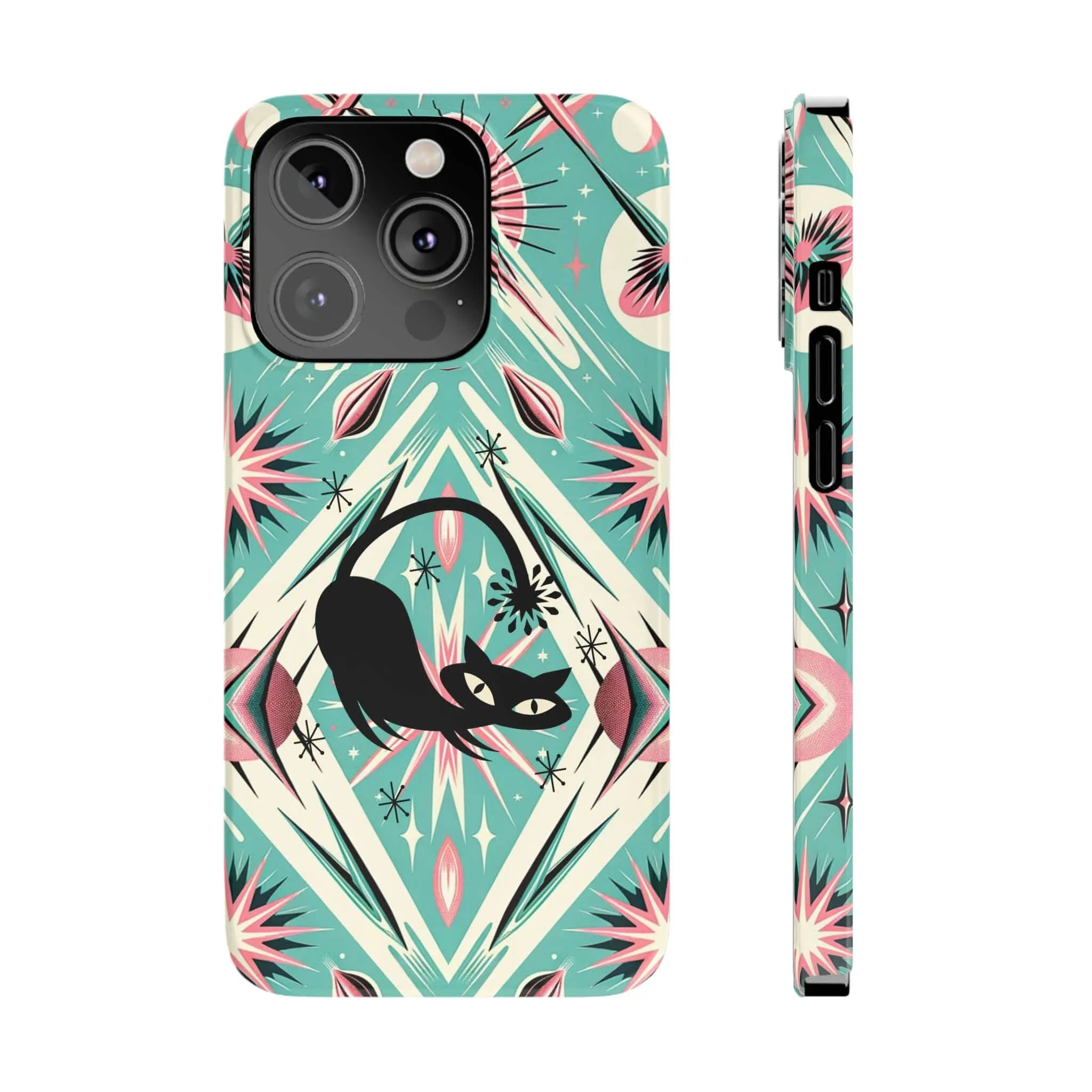 Atomic Cat, Mid Century Modern Aqua Blue, Pink, Starbursts iPhone 15 Models And More Slim Phone Cases
