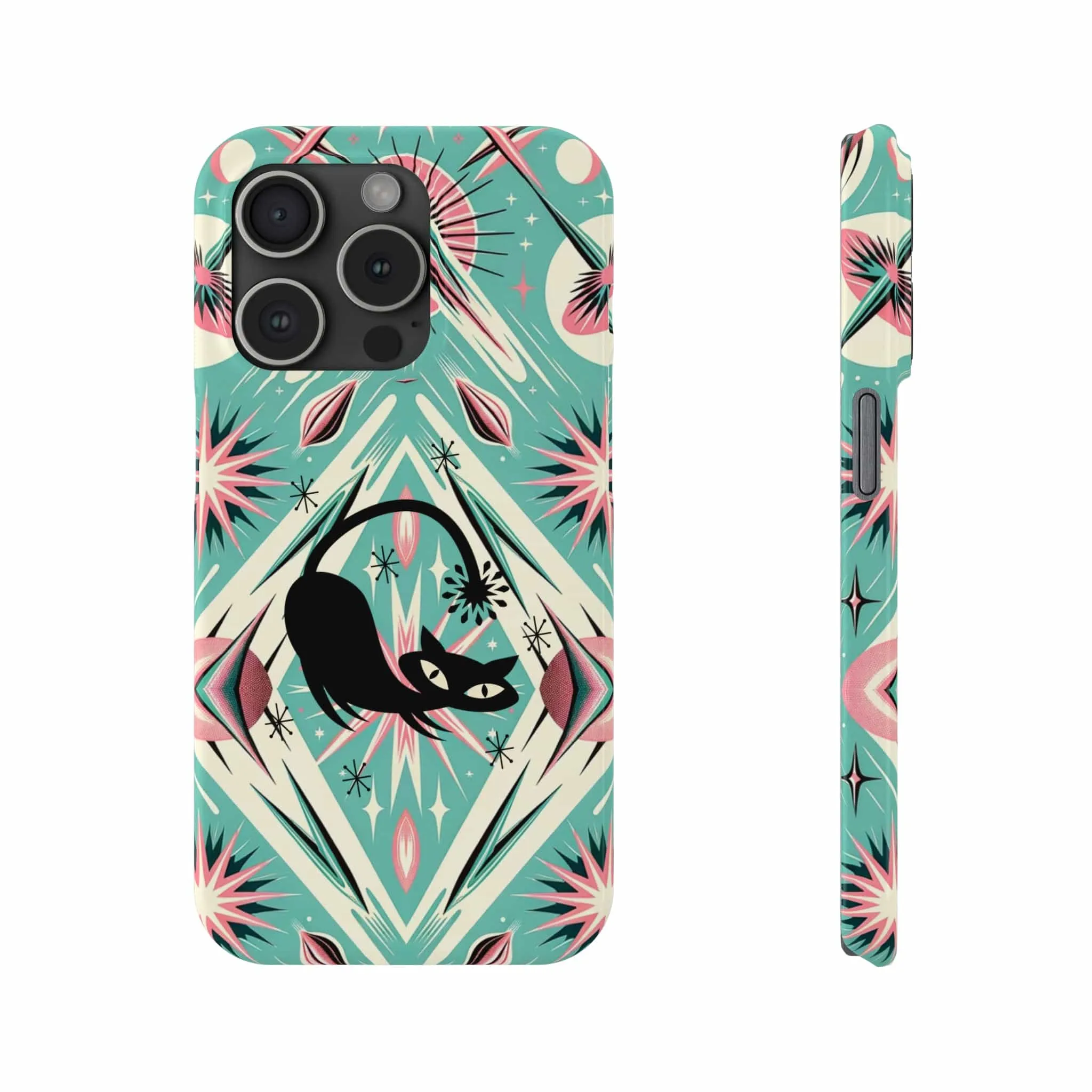 Atomic Cat, Mid Century Modern Aqua Blue, Pink, Starbursts iPhone 15 Models And More Slim Phone Cases