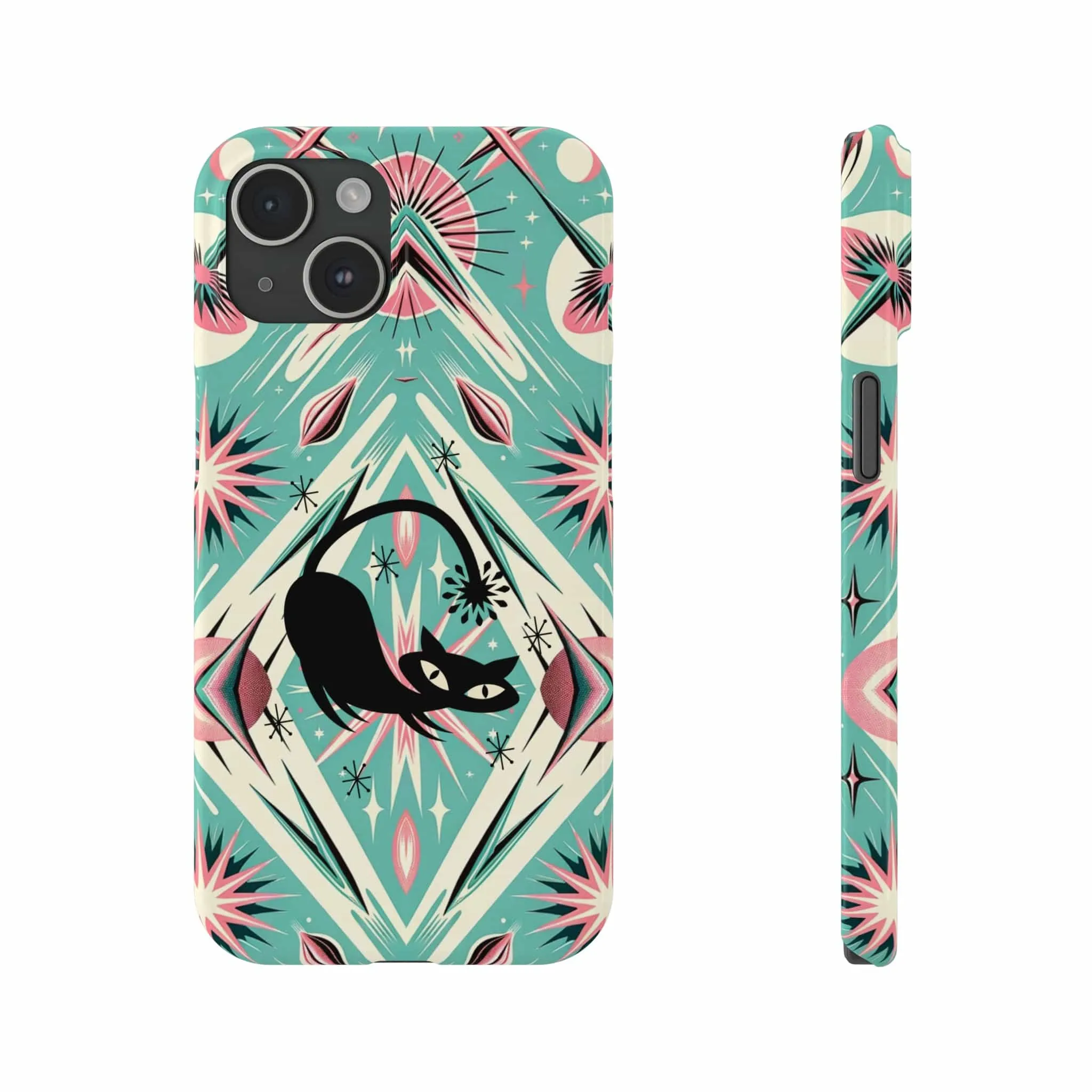 Atomic Cat, Mid Century Modern Aqua Blue, Pink, Starbursts iPhone 15 Models And More Slim Phone Cases