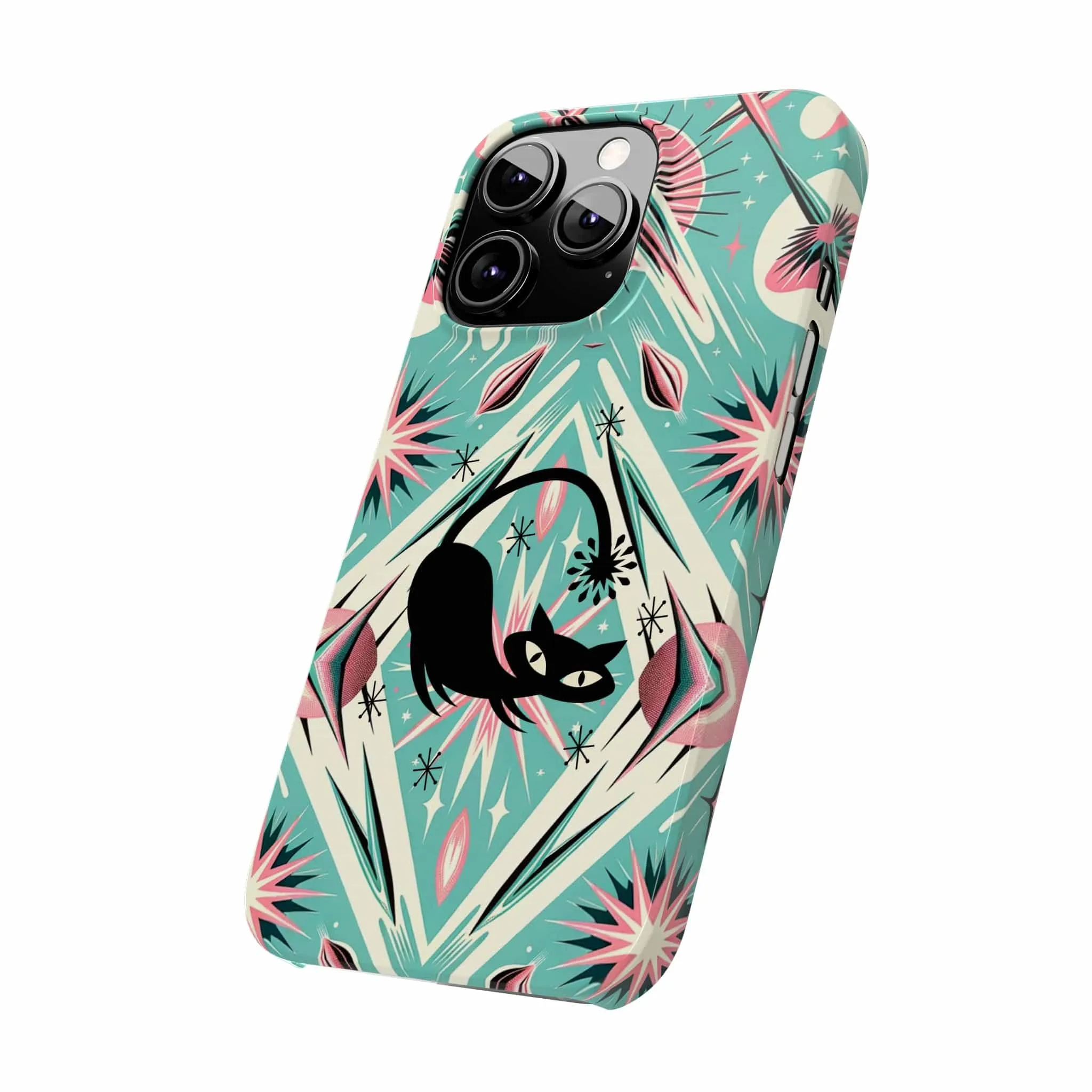 Atomic Cat, Mid Century Modern Aqua Blue, Pink, Starbursts iPhone 15 Models And More Slim Phone Cases
