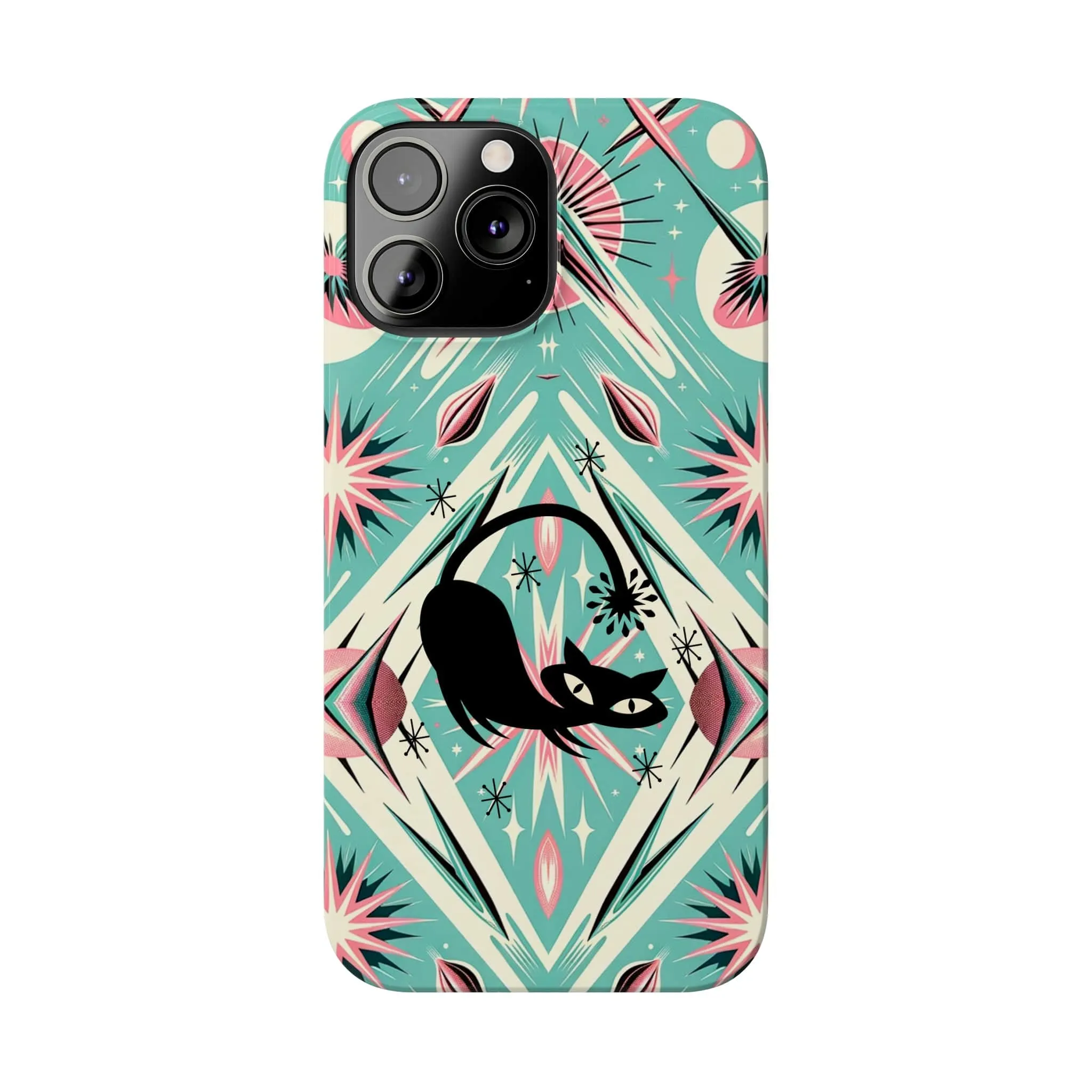Atomic Cat, Mid Century Modern Aqua Blue, Pink, Starbursts iPhone 15 Models And More Slim Phone Cases