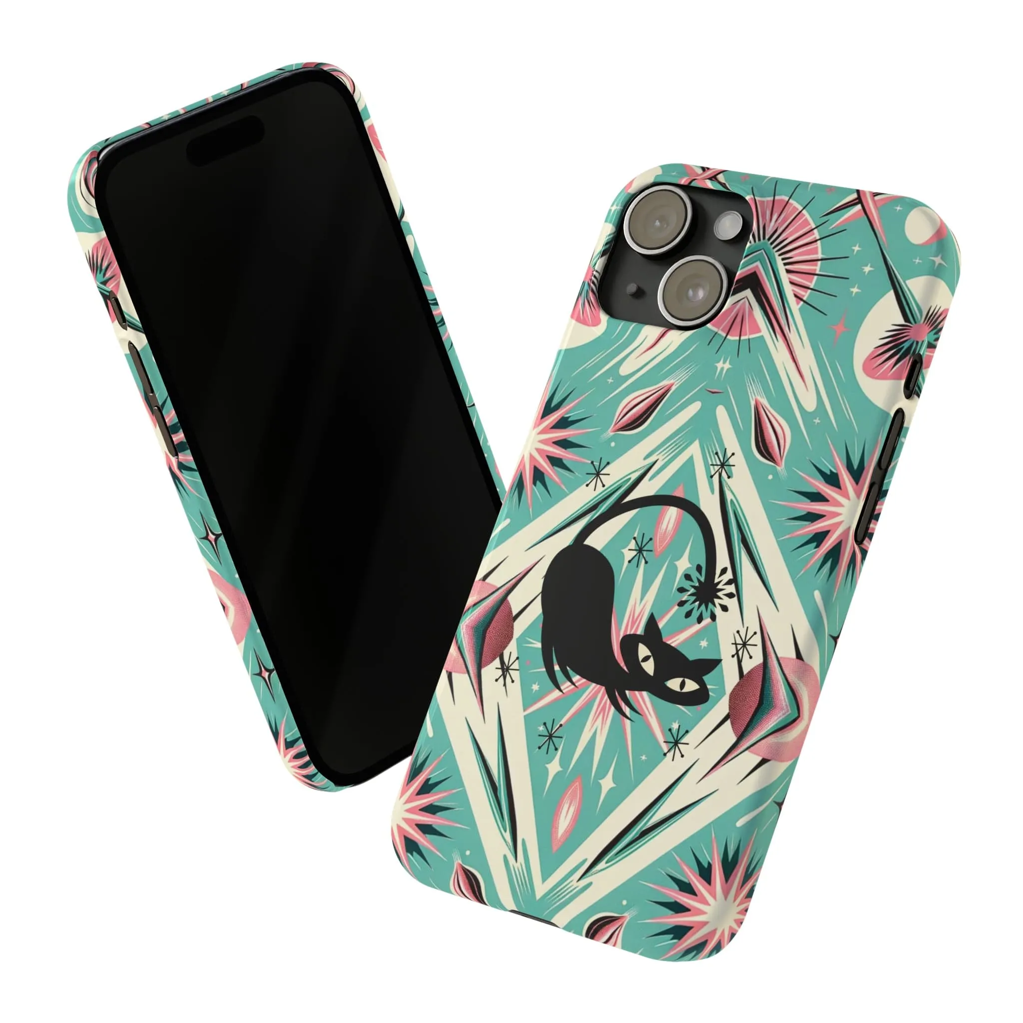 Atomic Cat, Mid Century Modern Aqua Blue, Pink, Starbursts iPhone 15 Models And More Slim Phone Cases