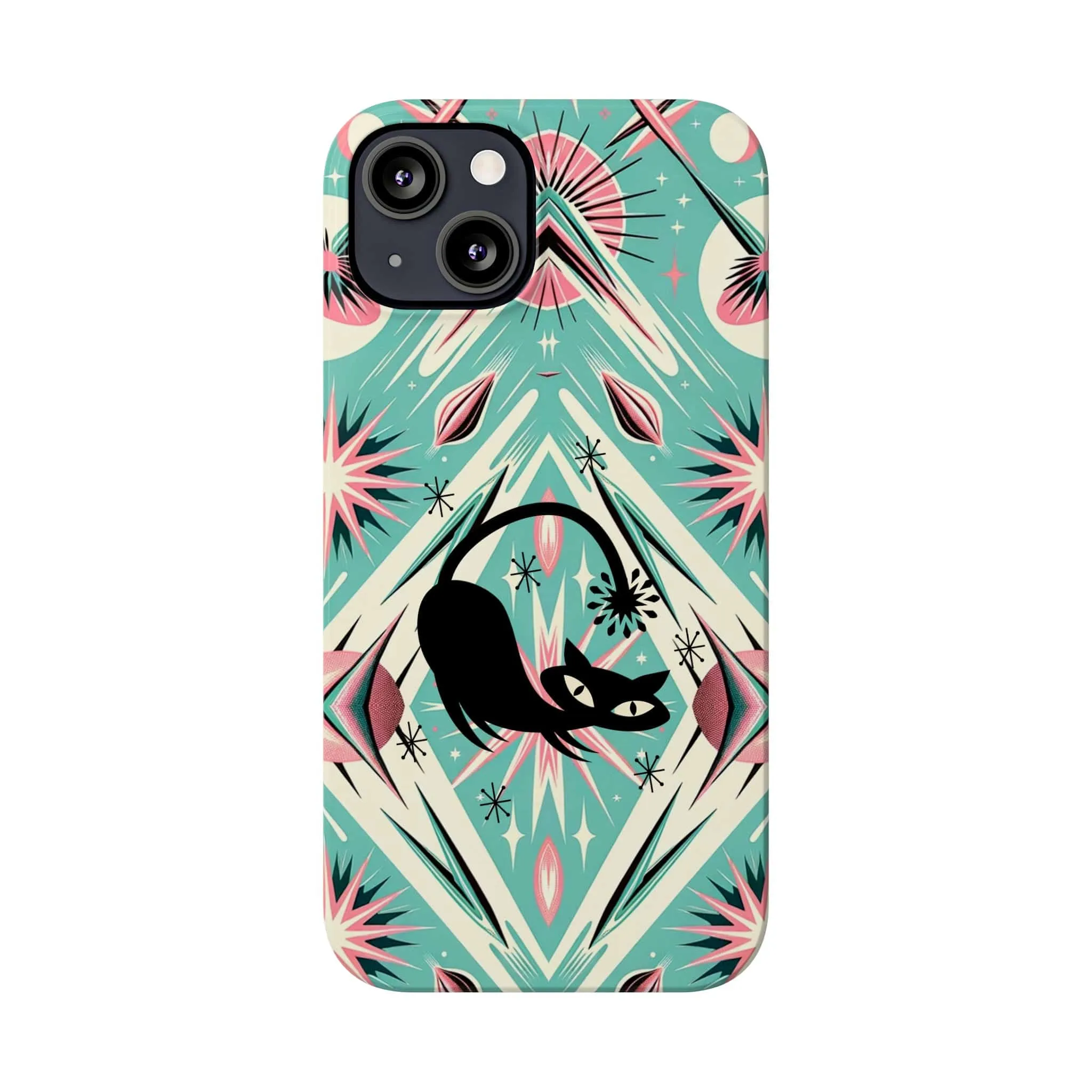 Atomic Cat, Mid Century Modern Aqua Blue, Pink, Starbursts iPhone 15 Models And More Slim Phone Cases