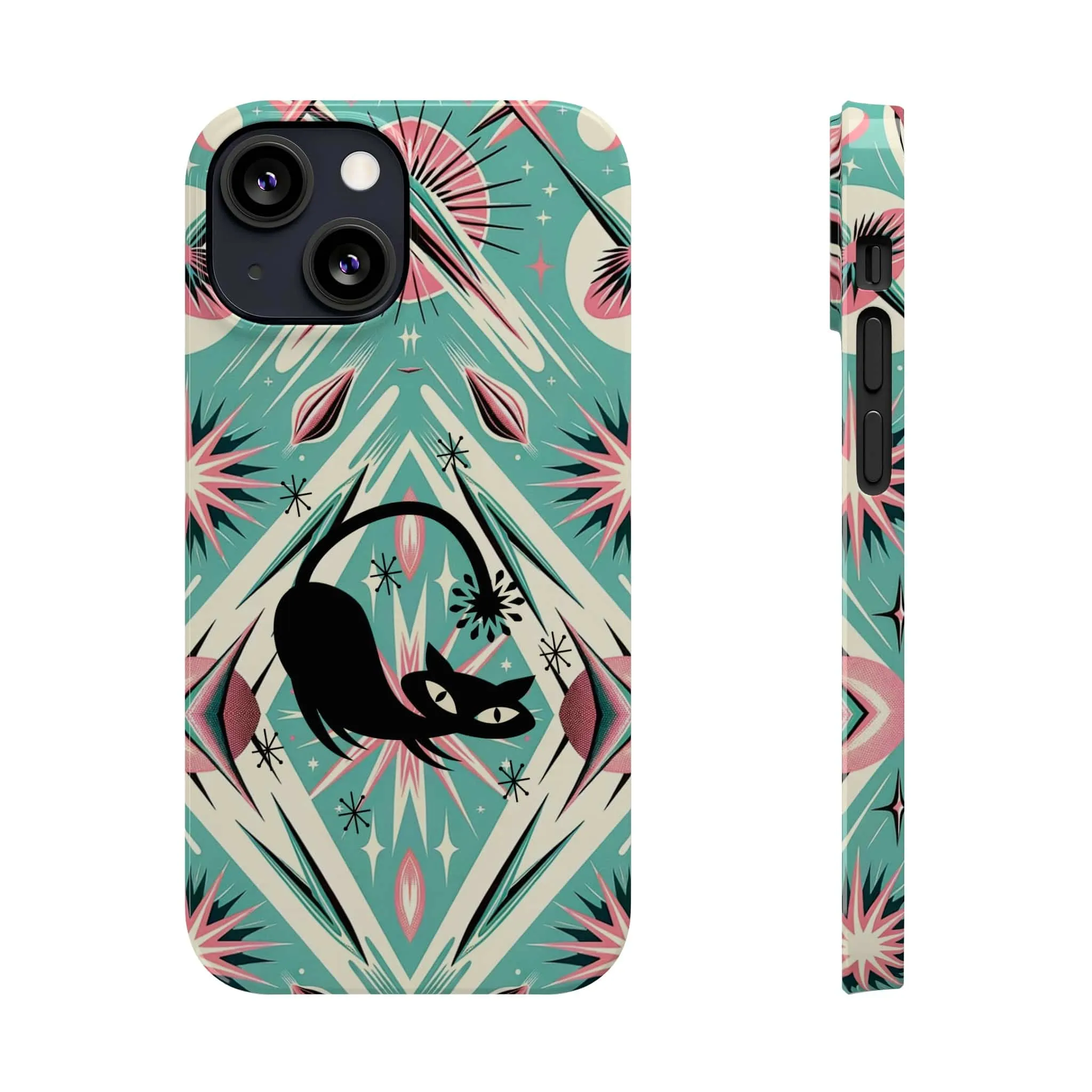 Atomic Cat, Mid Century Modern Aqua Blue, Pink, Starbursts iPhone 15 Models And More Slim Phone Cases