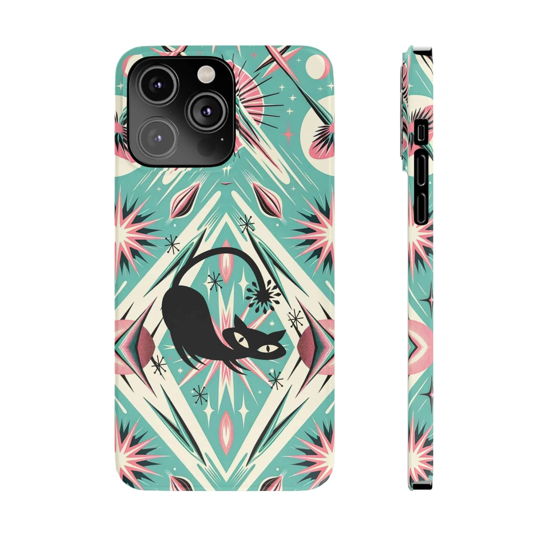 Atomic Cat, Mid Century Modern Aqua Blue, Pink, Starbursts iPhone 15 Models And More Slim Phone Cases
