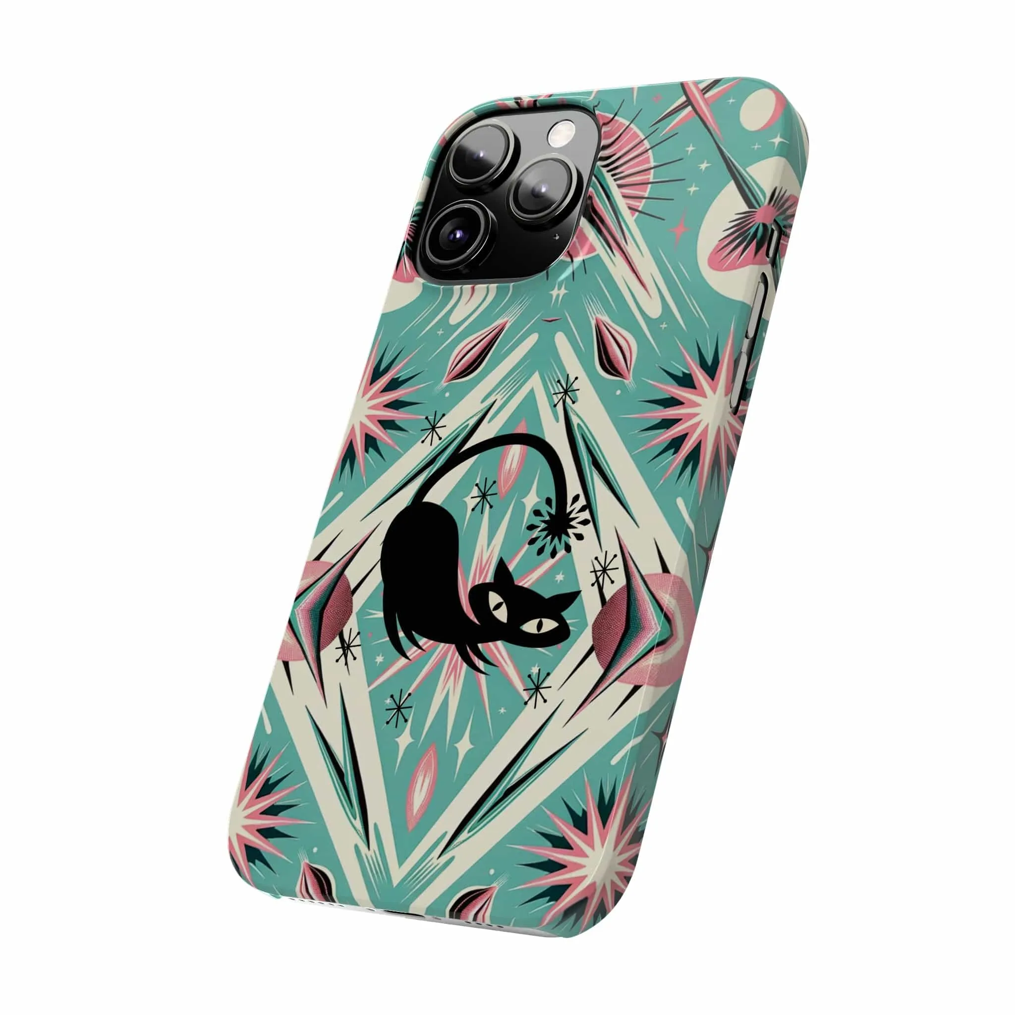 Atomic Cat, Mid Century Modern Aqua Blue, Pink, Starbursts iPhone 15 Models And More Slim Phone Cases