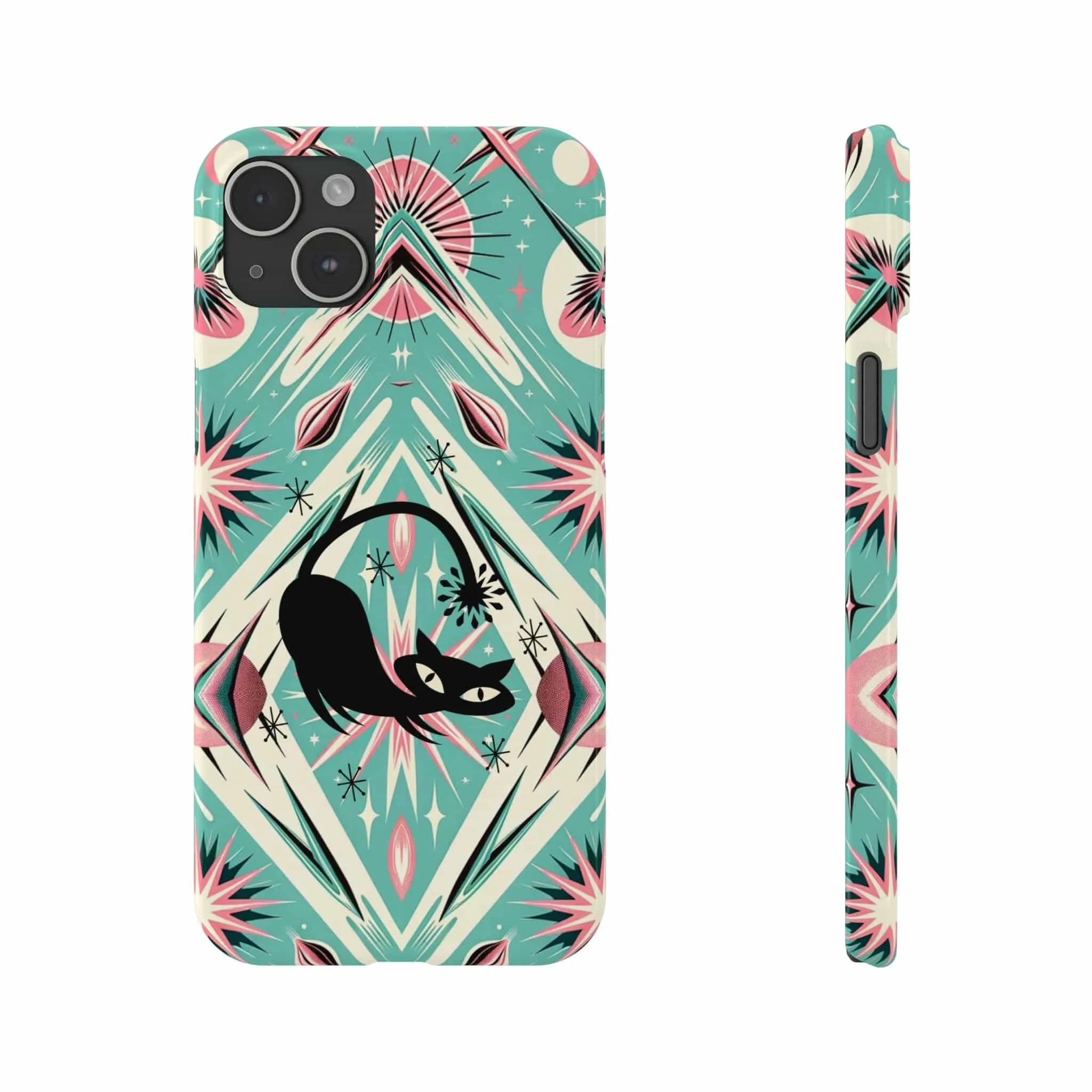Atomic Cat, Mid Century Modern Aqua Blue, Pink, Starbursts iPhone 15 Models And More Slim Phone Cases