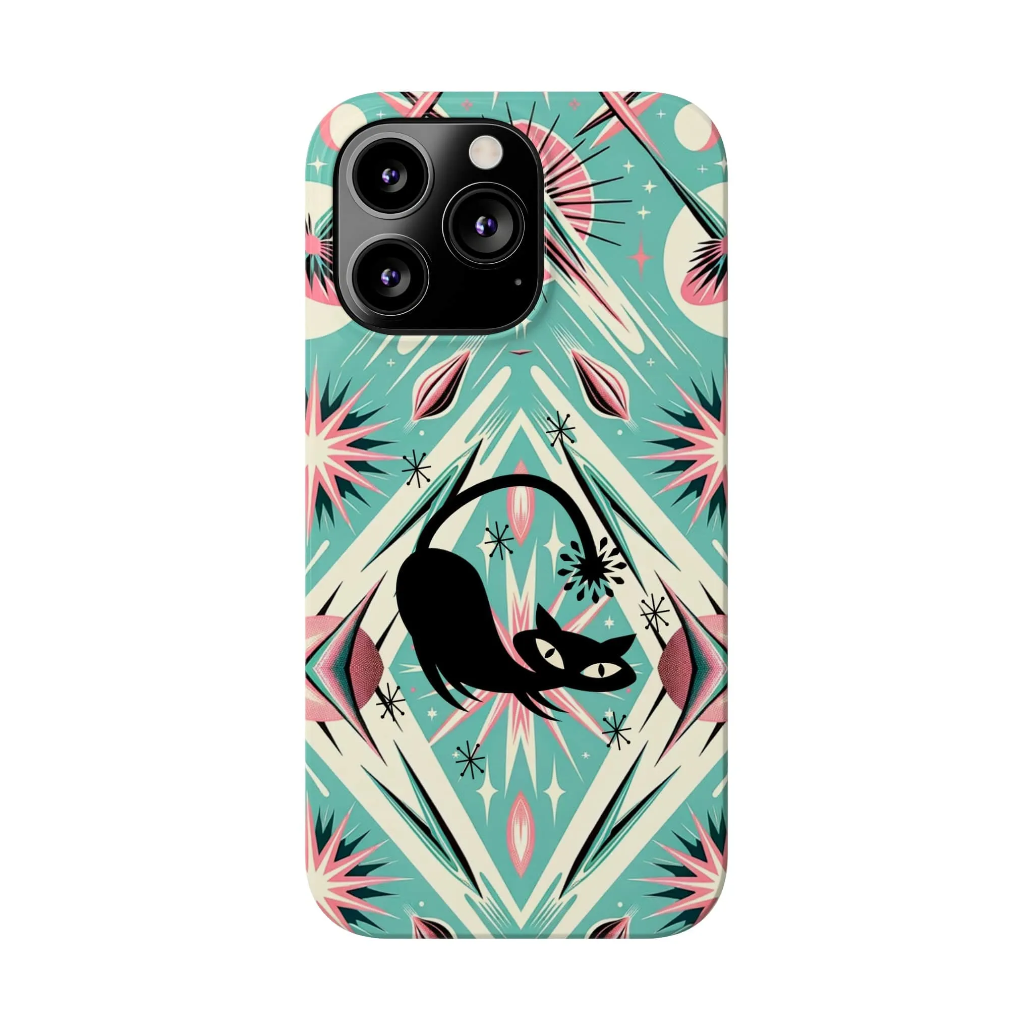 Atomic Cat, Mid Century Modern Aqua Blue, Pink, Starbursts iPhone 15 Models And More Slim Phone Cases