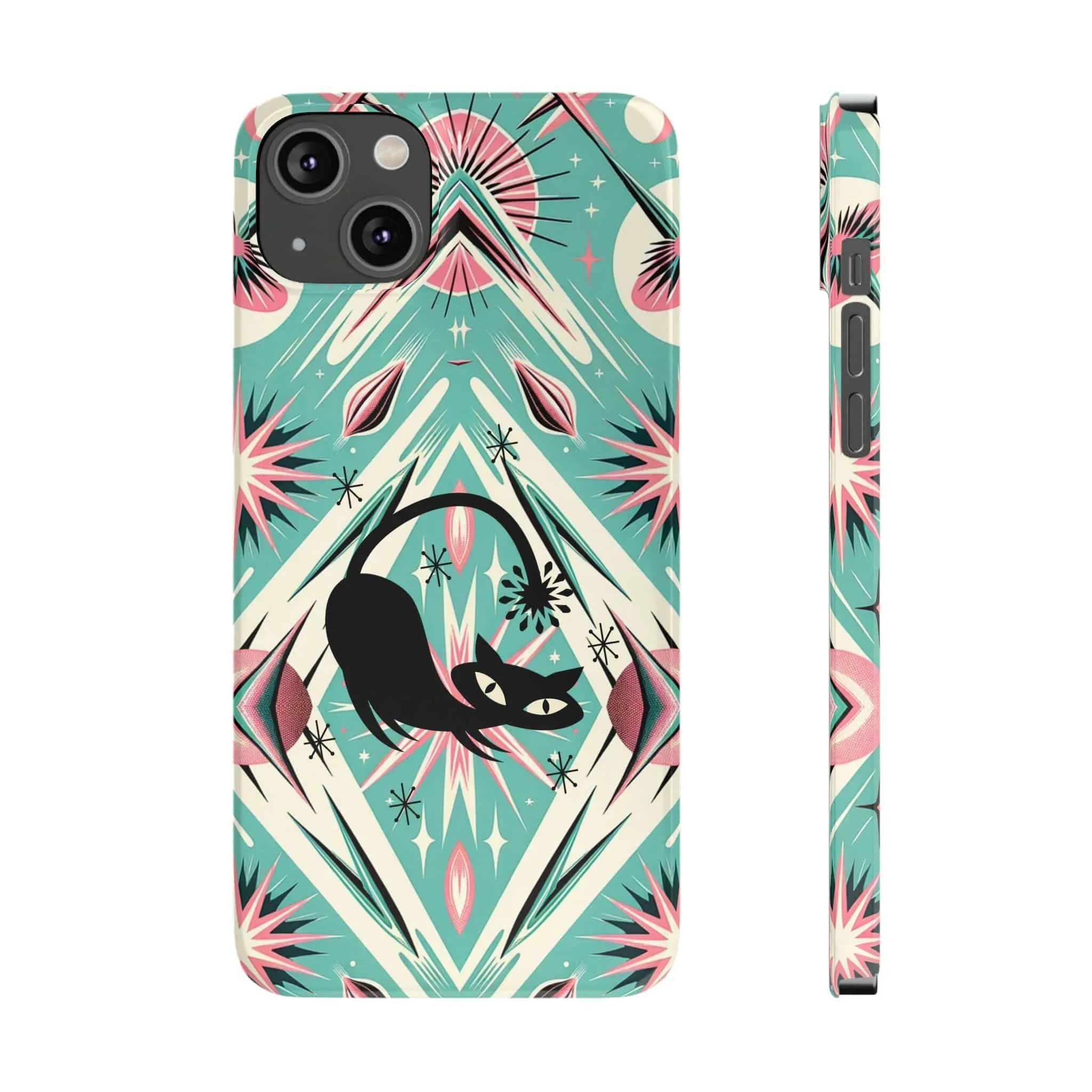 Atomic Cat, Mid Century Modern Aqua Blue, Pink, Starbursts iPhone 15 Models And More Slim Phone Cases