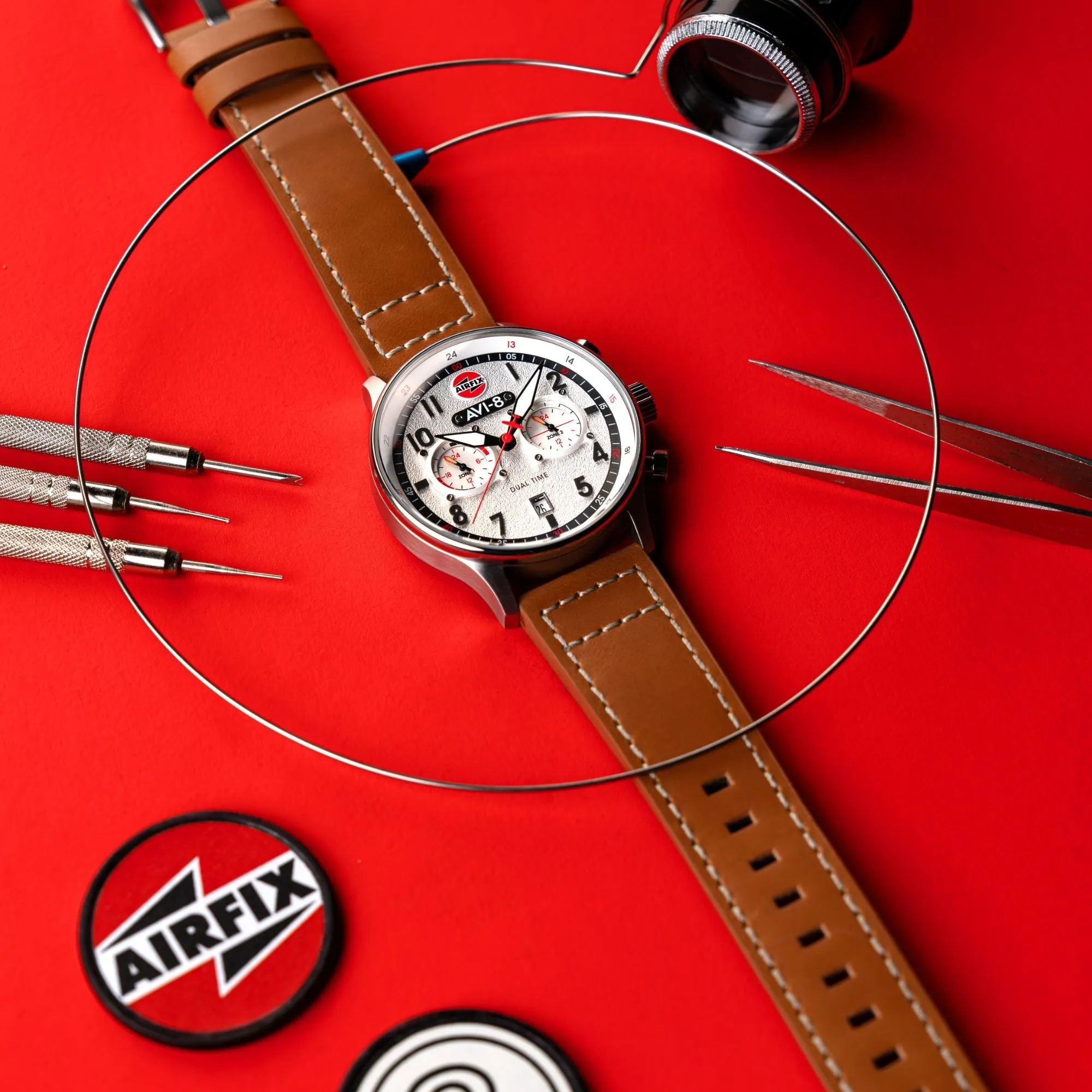 AVI-8 Hawker Hurricane Carey Dual Time - Airfix Edition Silver White Men's Watch AV-4088-06
