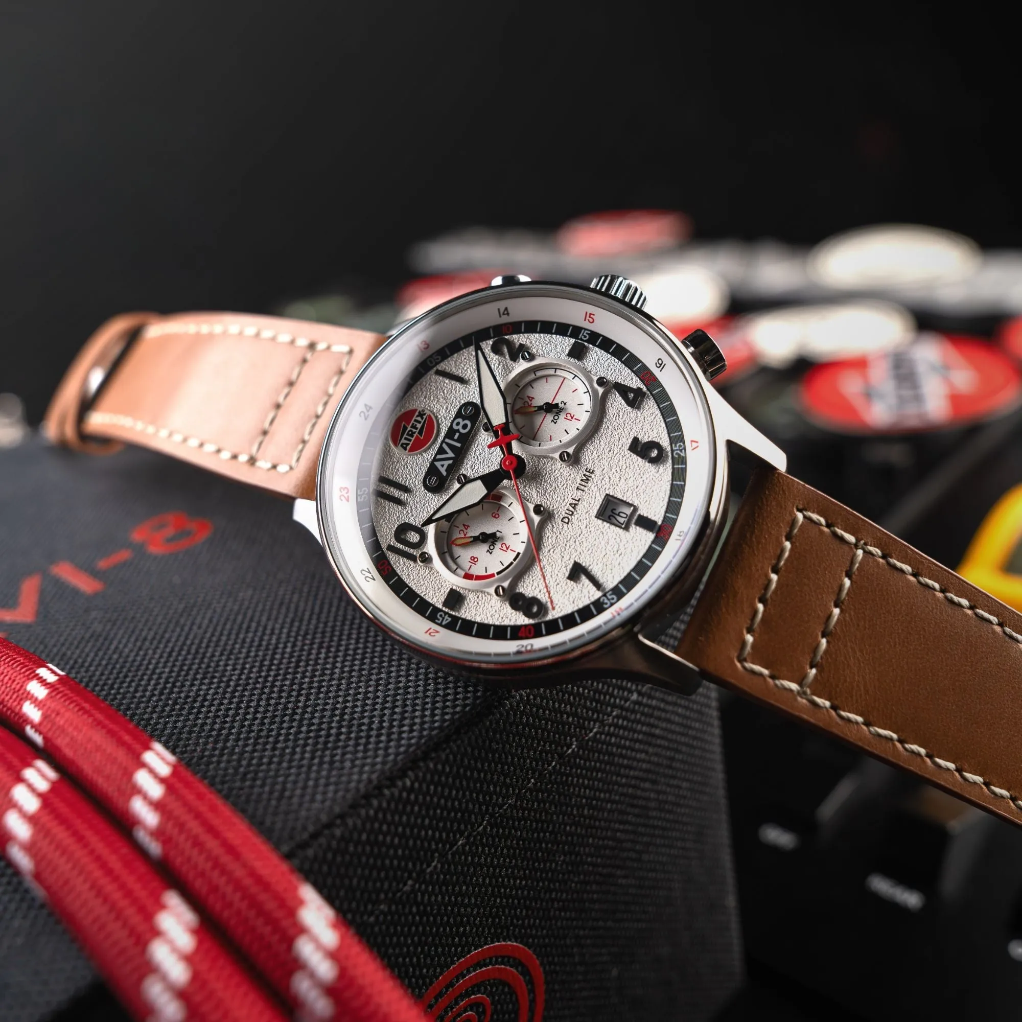 AVI-8 Hawker Hurricane Carey Dual Time - Airfix Edition Silver White Men's Watch AV-4088-06
