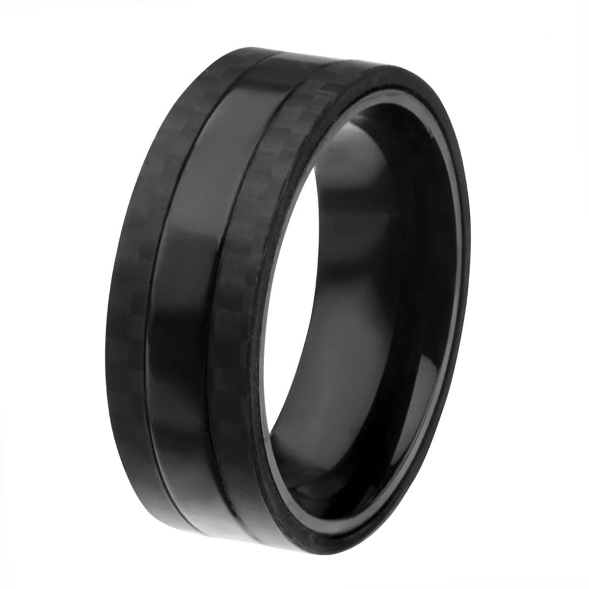 Black Stainless Steel Smooth Band with Carbon Fiber Detail Ring