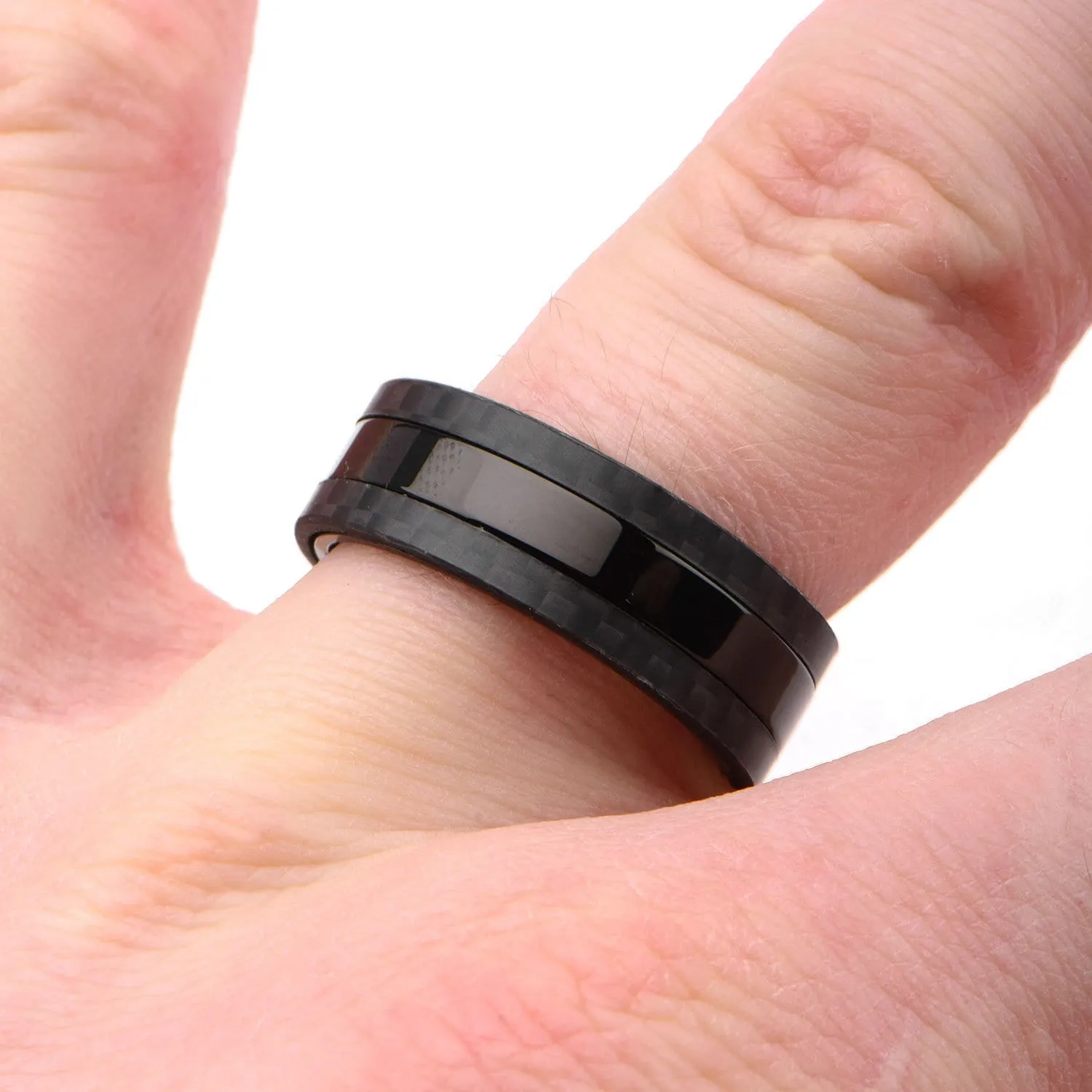 Black Stainless Steel Smooth Band with Carbon Fiber Detail Ring