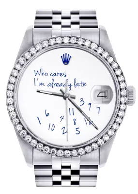 Diamond Mens Rolex Datejust Watch 16200 | 36Mm | "Who Cares I'm Already Late" Custom Dial | Jubilee Band