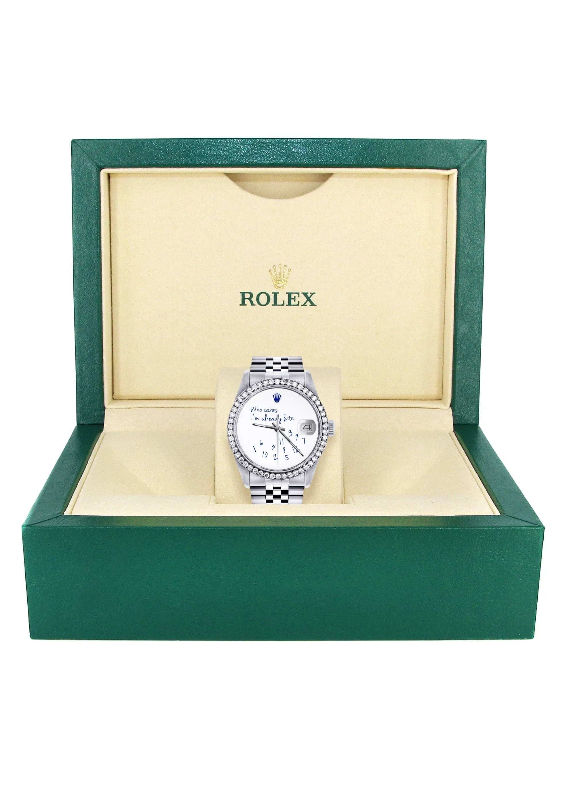 Diamond Mens Rolex Datejust Watch 16200 | 36Mm | "Who Cares I'm Already Late" Custom Dial | Jubilee Band