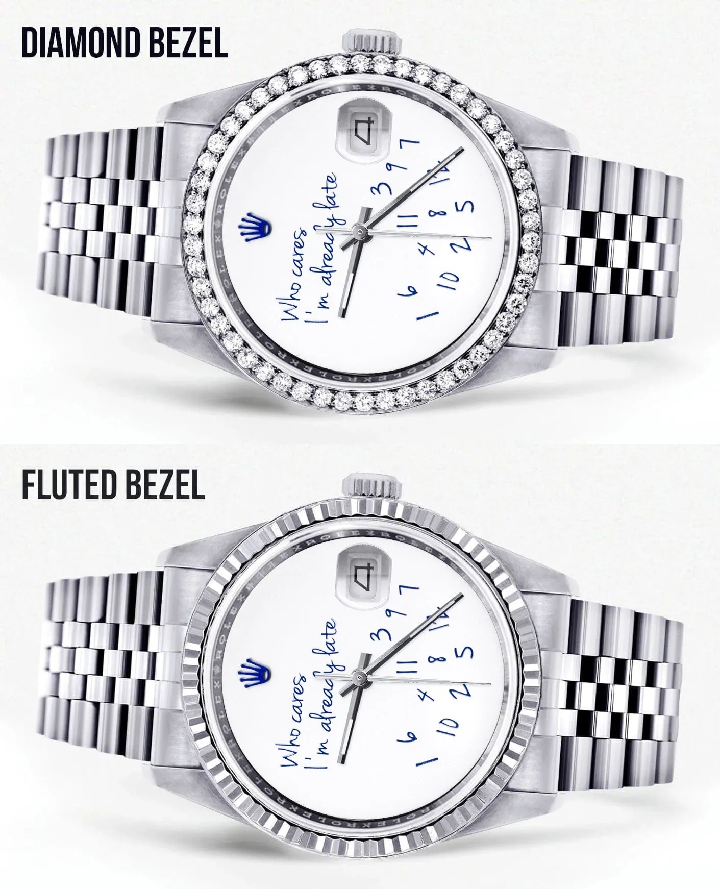 Diamond Mens Rolex Datejust Watch 16200 | 36Mm | "Who Cares I'm Already Late" Custom Dial | Jubilee Band