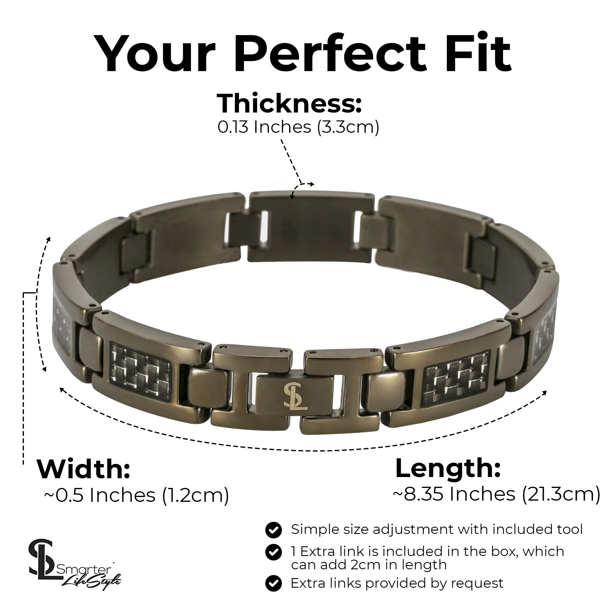 Elegant Surgical Grade Steel Men's Carbon Fiber Bracelet (Gunmetal Bracelet - Gray Carbon Fiber)